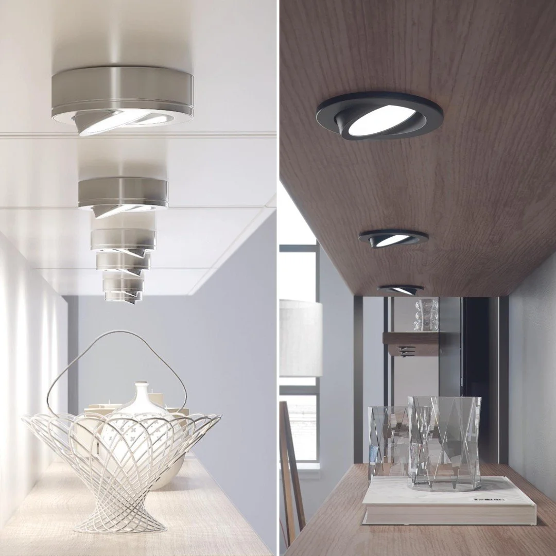 Side-by-side comparison of ceiling lights and decor on a dining table in two different rooms. Left features metallic circular ceiling lights and a wire basket centerpiece with vases. Right features black and white ceiling lights with a wooden ceiling
