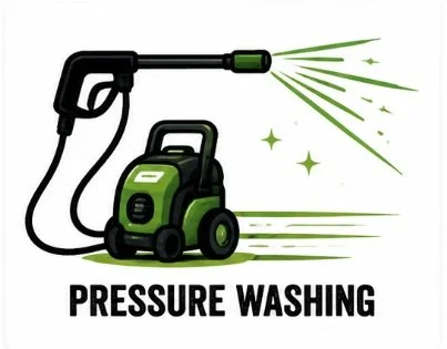 Green and black pressure washer spraying water with the words "Pressure Washing" below.