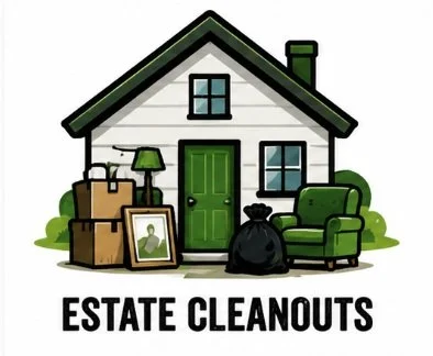 Illustration of a house with a green door, surrounded by moving boxes, a framed photo, a lamp, and an armchair, with the words "Estate Cleanouts" below.