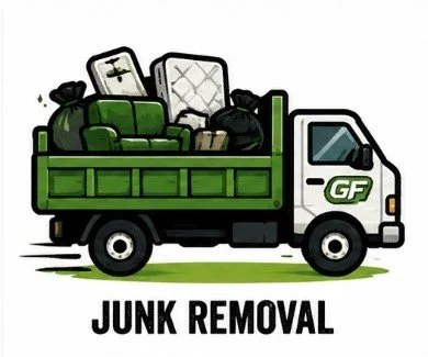 Illustration of a green junk removal truck loaded with furniture and trash bags, with the words 'JUNK REMOVAL' beneath.