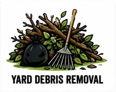 A pile of yard debris including sticks, leaves, and small branches next to a black trash bag and a rake, with the text 'Yard Debris Removal' underneath.