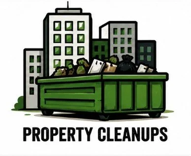 A green dumpster overflowing with trash in front of city buildings, with the text 'Property Cleanups' underneath.