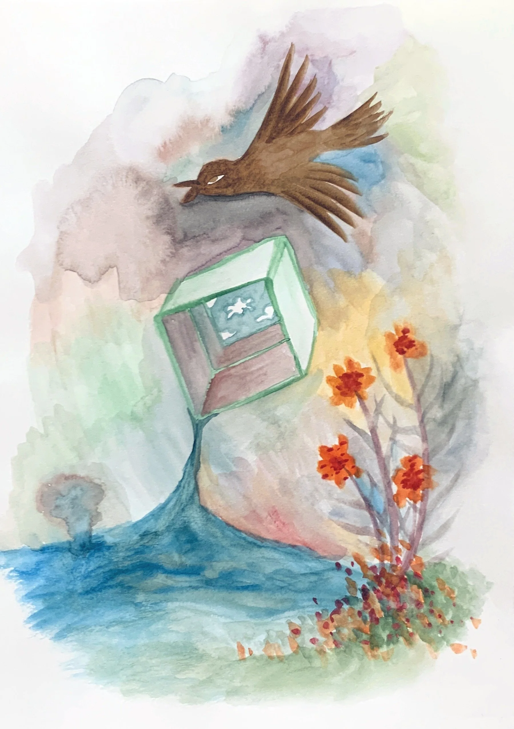 Watercolor painting of a brown bird flying above a pond with orange flowers and a green and gray houses.
