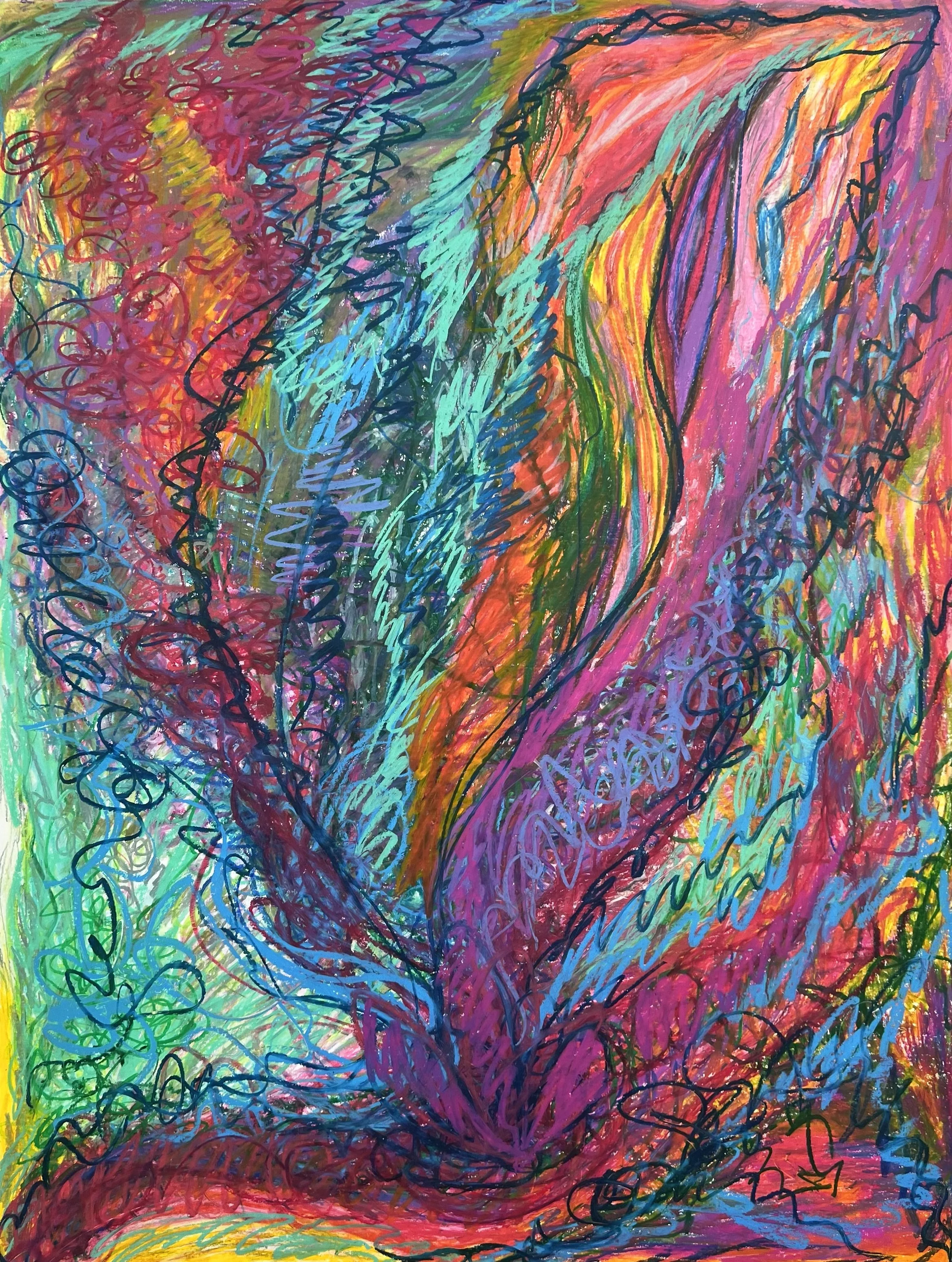 Colorful abstract drawing with swirling lines and shapes in pink, purple, blue, green, yellow, and black.