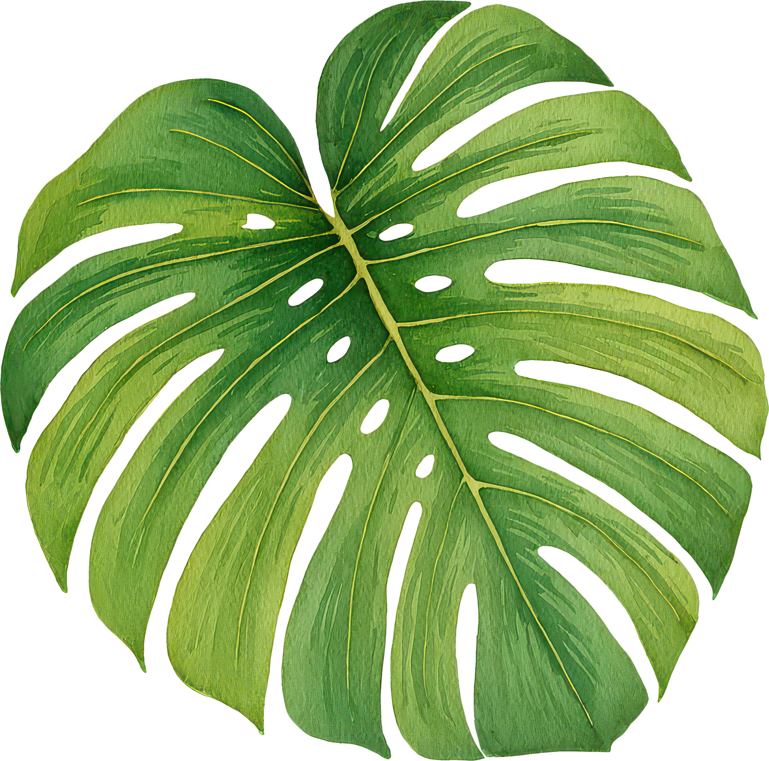 Close-up of a green tropical leaf with multiple holes and yellow veins.