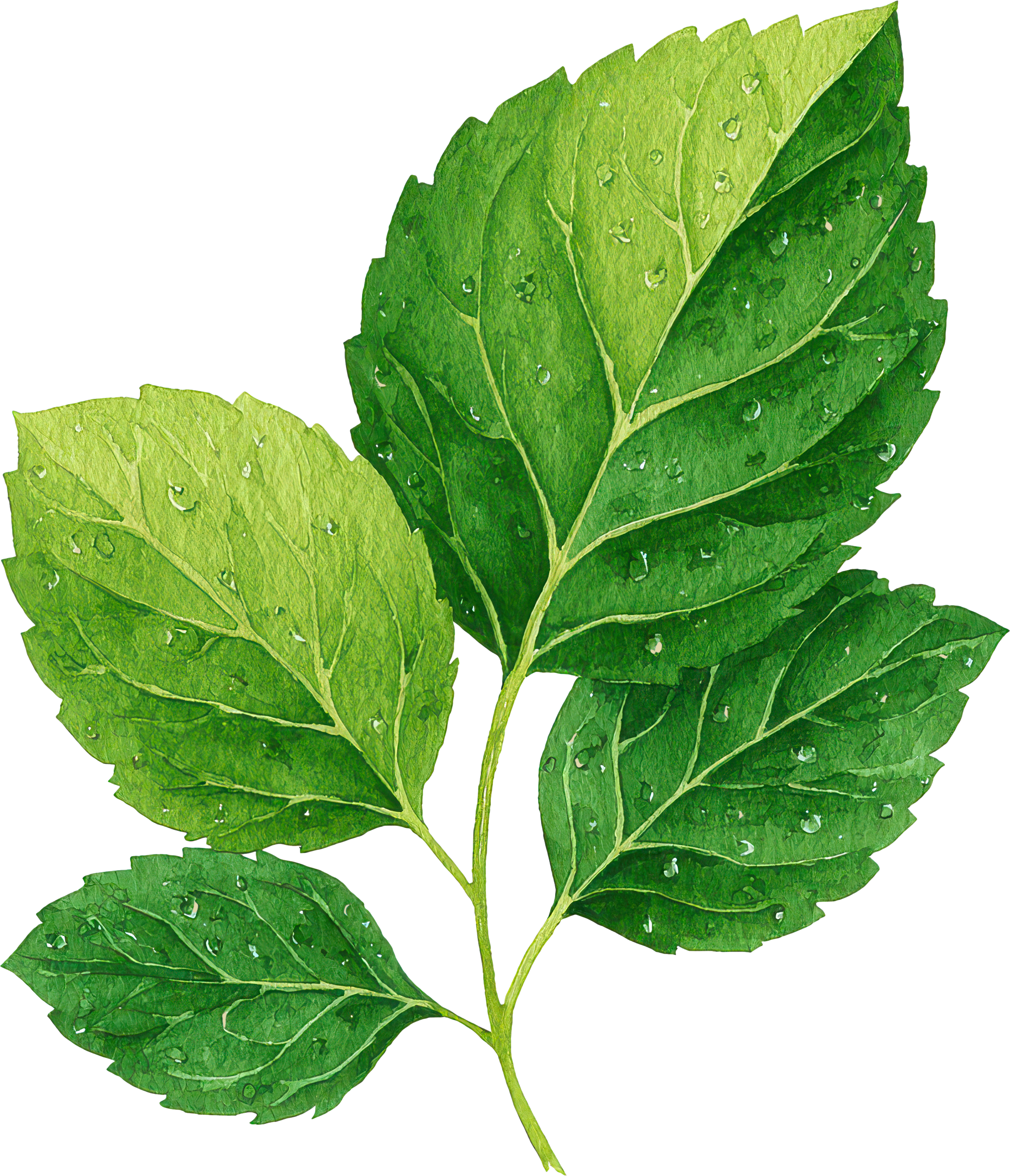 A close-up of a green leaf with water droplets on it, shown with a digital glitch effect.