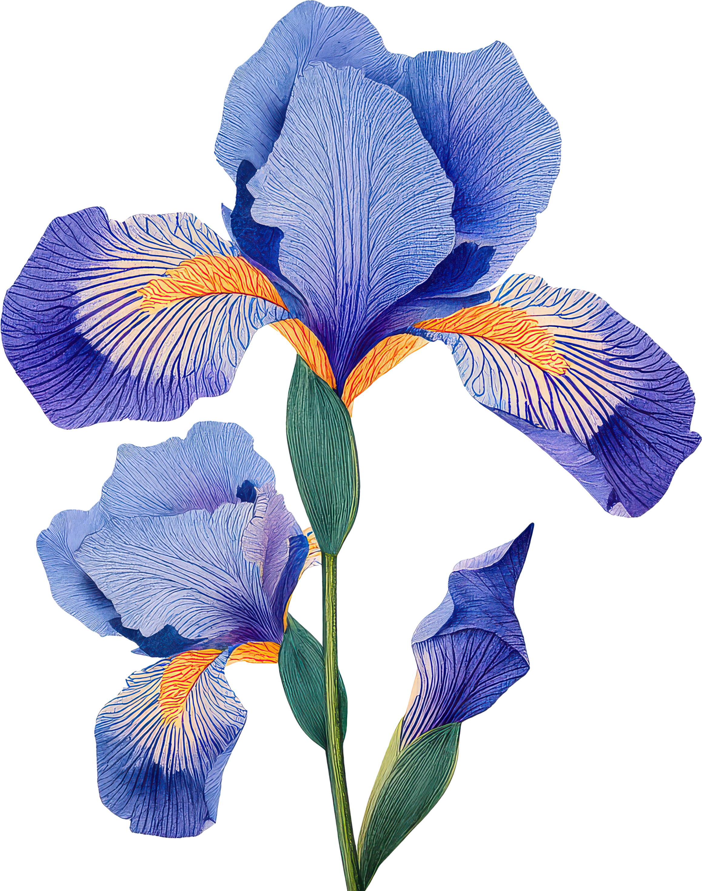 A digitally illustrated iris flower with blue and purple petals accented with orange and yellow markings, set against a plain background.