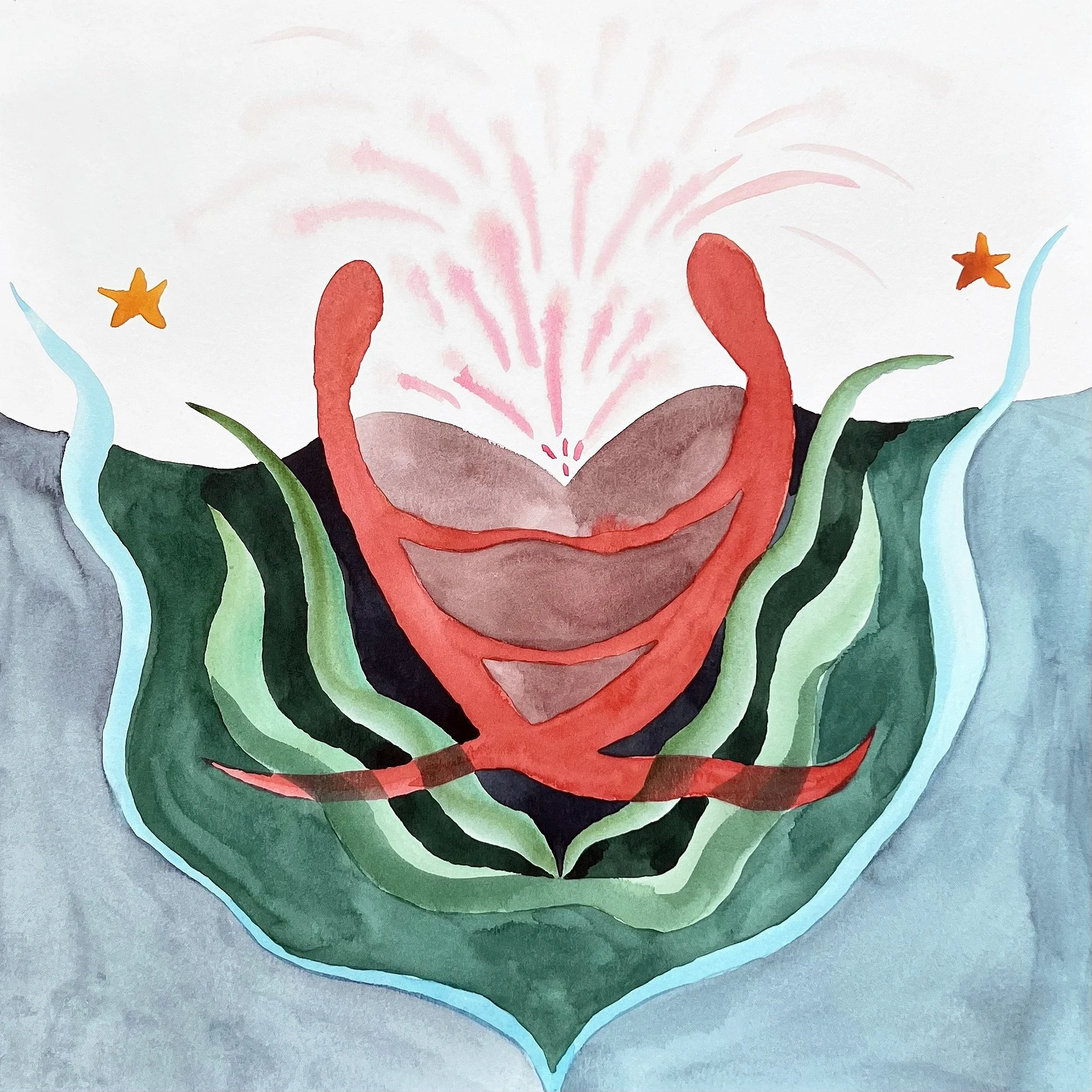 A colorful watercolor painting of a red lobster with outstretched claws, surrounded by blue, green, and orange starfish and seaweed, with pink and blue water elements.