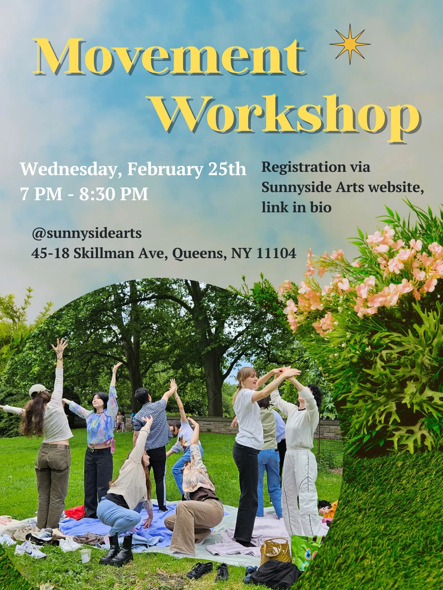 A group of people participating in an outdoor movement workshop in a park, with some standing and raising their arms while others are sitting or kneeling on a blanket, surrounded by greenery and pink flowers.