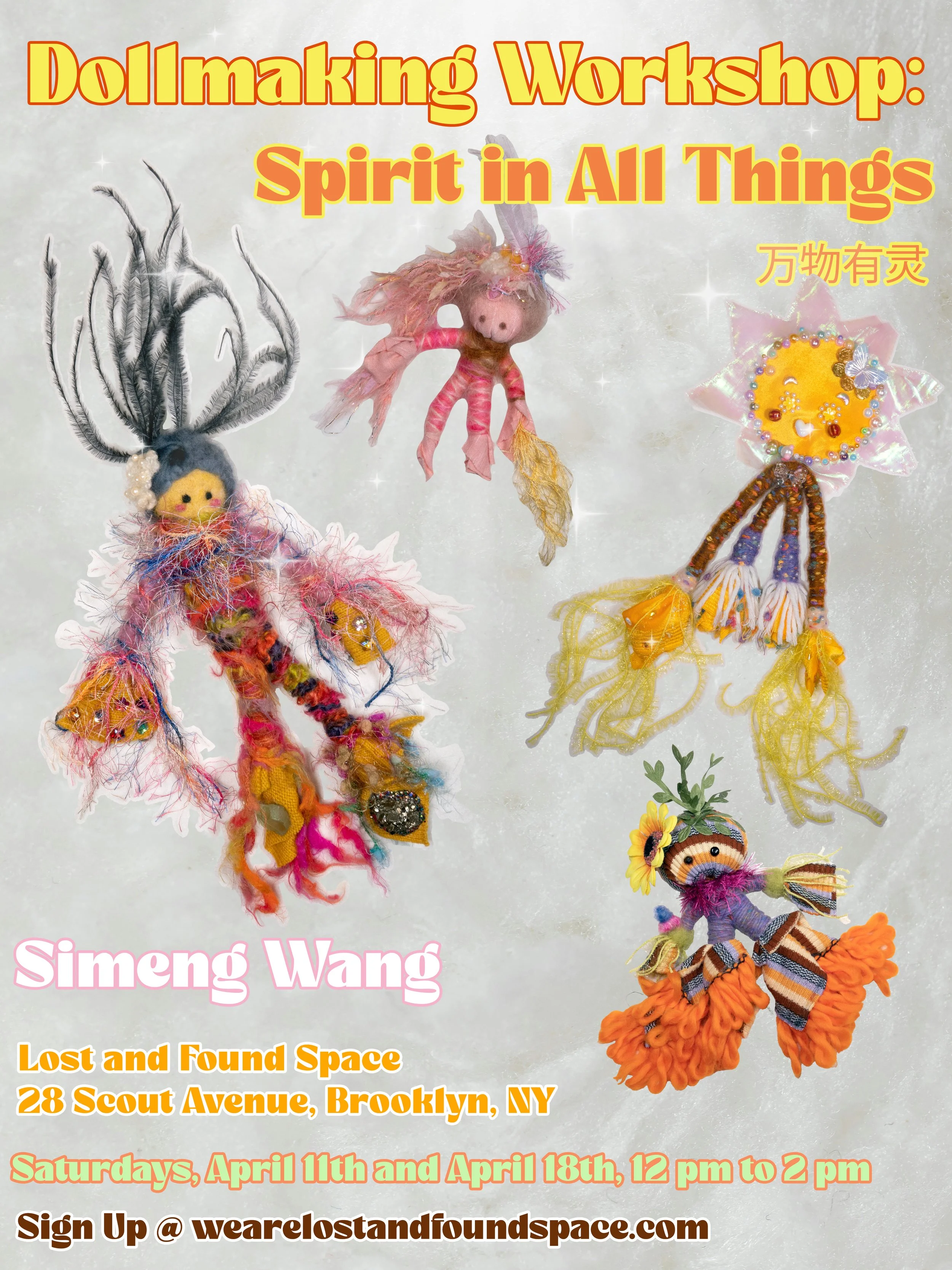 Colorful handmade felt dolls with elaborate designs and vibrant colors in the background, promoting a doll-making workshop.