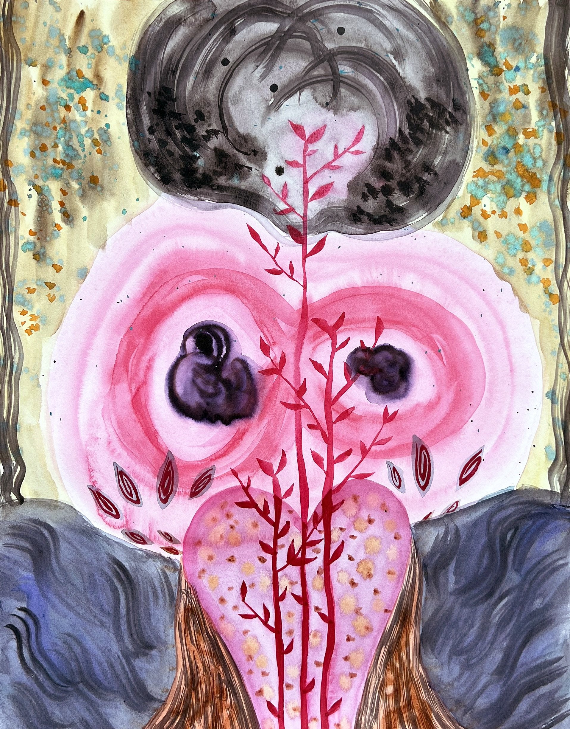 An abstract watercolor painting featuring a blend of organic shapes in black, pink, and earthy tones, with floral and natural patterns and textures.