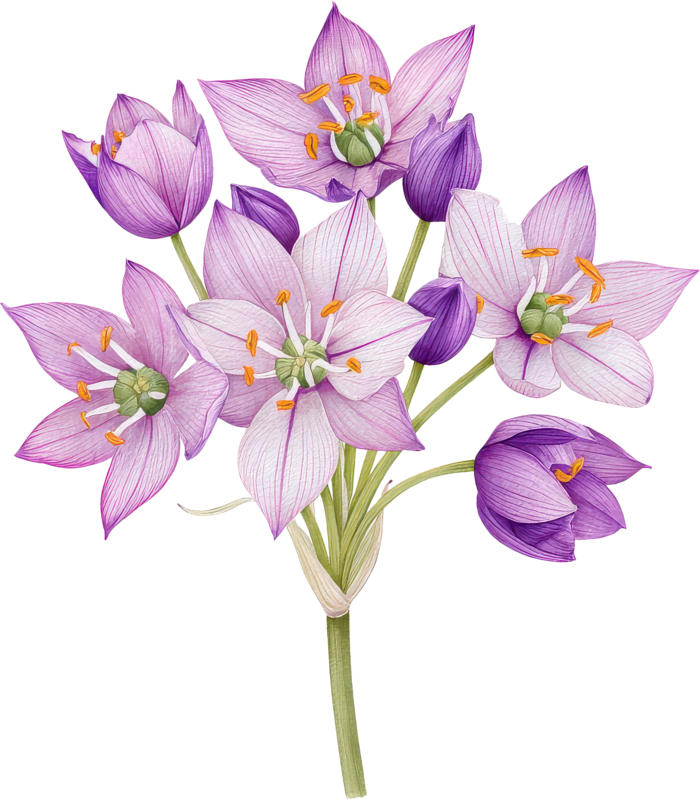 A bouquet of pink and purple flowers with yellow and orange stamens against a background with pink, purple, and yellow sections.