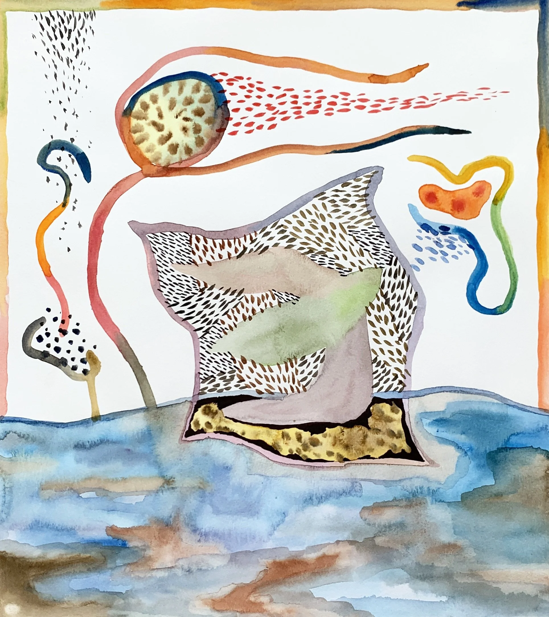 An abstract watercolor painting featuring a large central shape with a leopard print pattern inside, surrounded by flowing lines and shapes in colors such as blue, orange, yellow, and brown, set against a background of soft, blended watercolor washes.