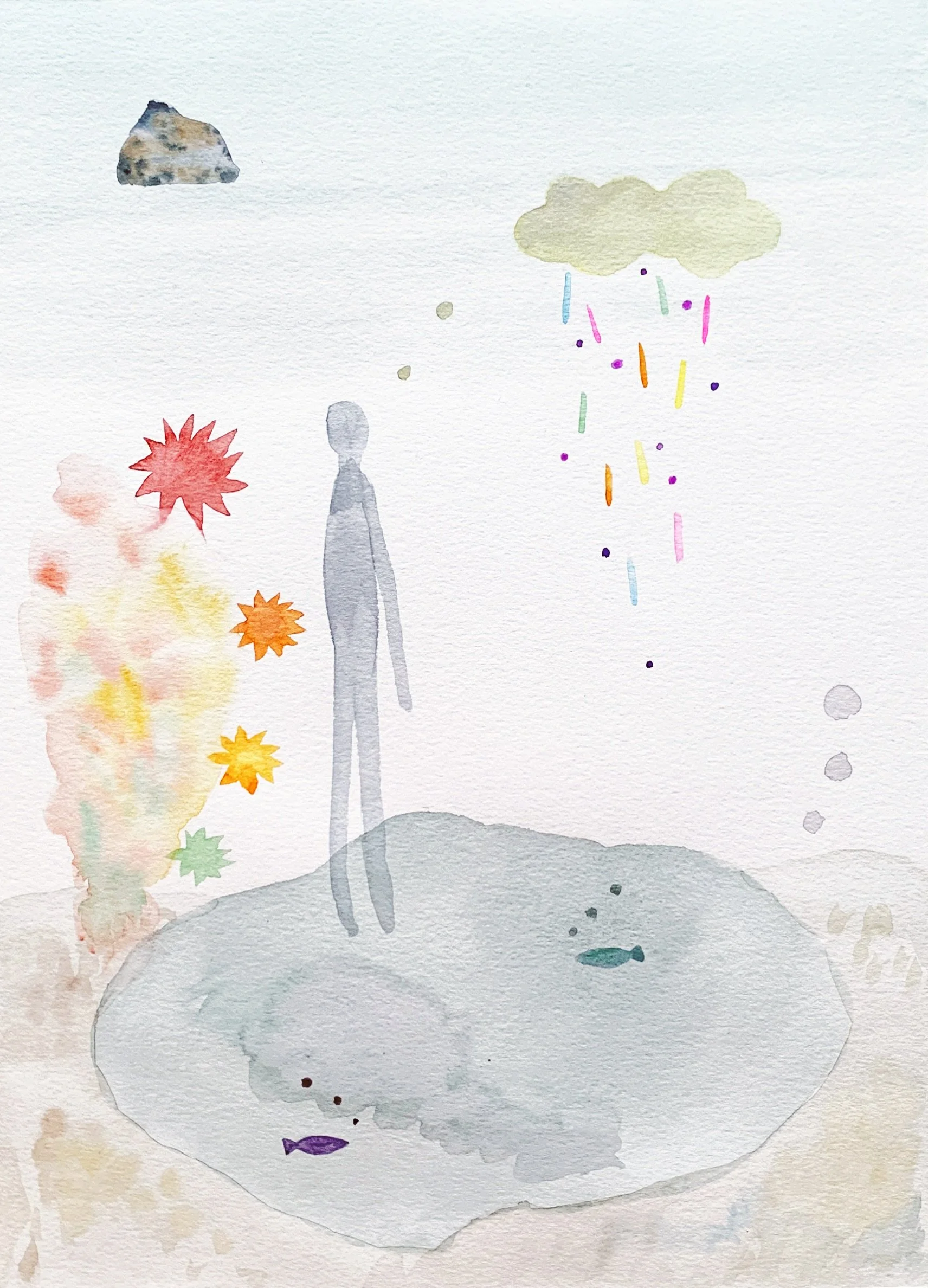 Watercolor painting of a person standing on some rocks, clouds with multicolored rain, and an orange fish in water.