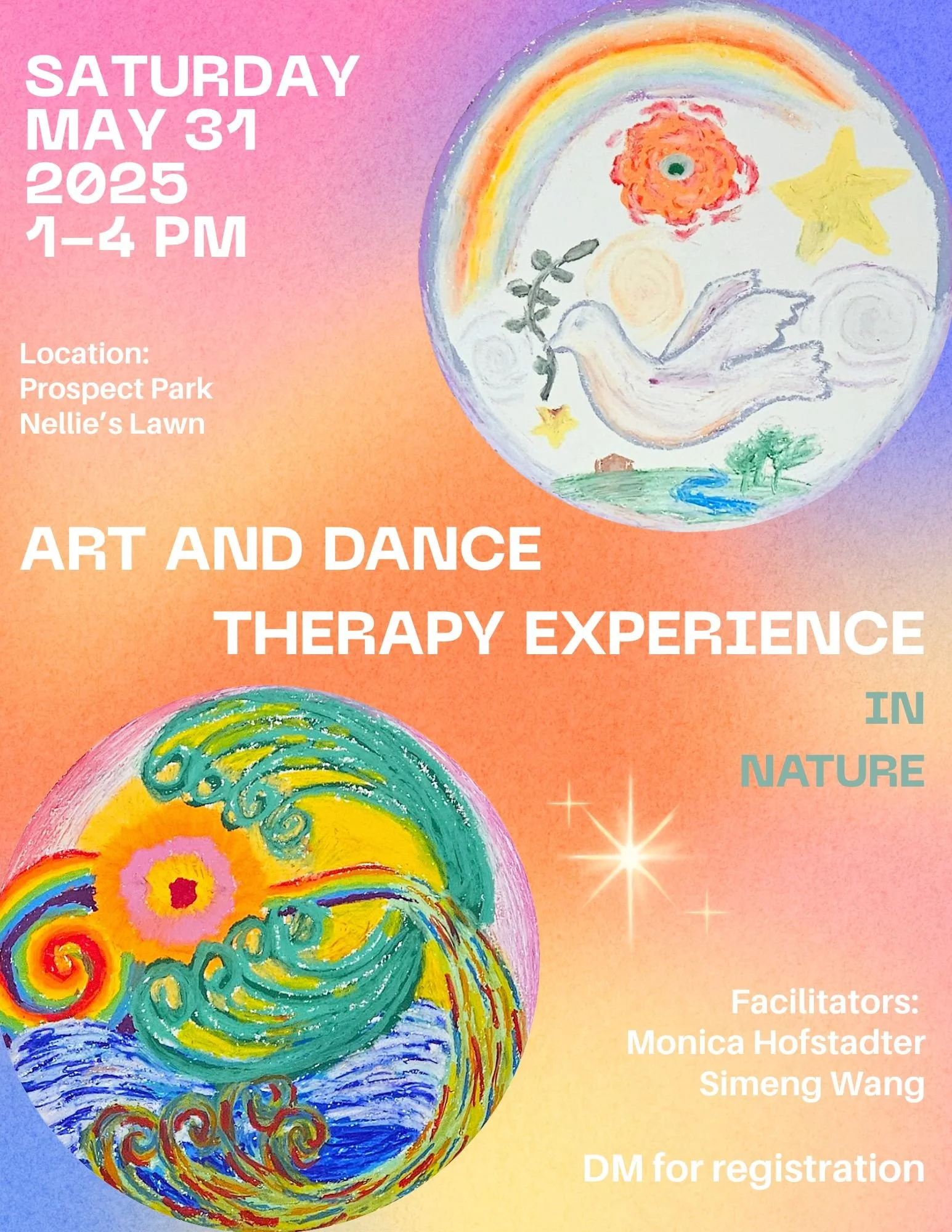 Colorful poster advertising an art and dance therapy experience on Saturday, May 31, 2025, from 1 to 4 PM at Prospect Park Nellie's Lawn, featuring artwork of a rainbow, stars, a dove, and an abstract colorful design.