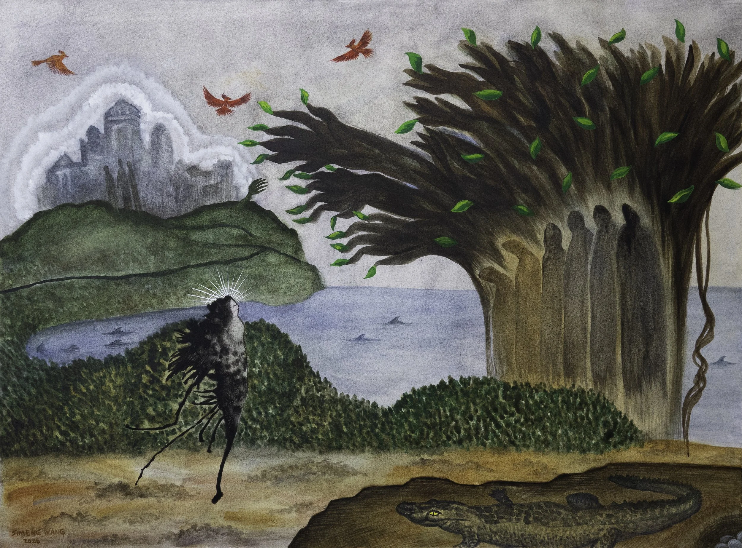 A painting depicting a nature scene with a mountain, a river, and a large tree with green leaves. Birds are flying near the mountain, and a person is sitting by the river. The lower part of the painting shows the mouth of a crocodile with yellow eyes.