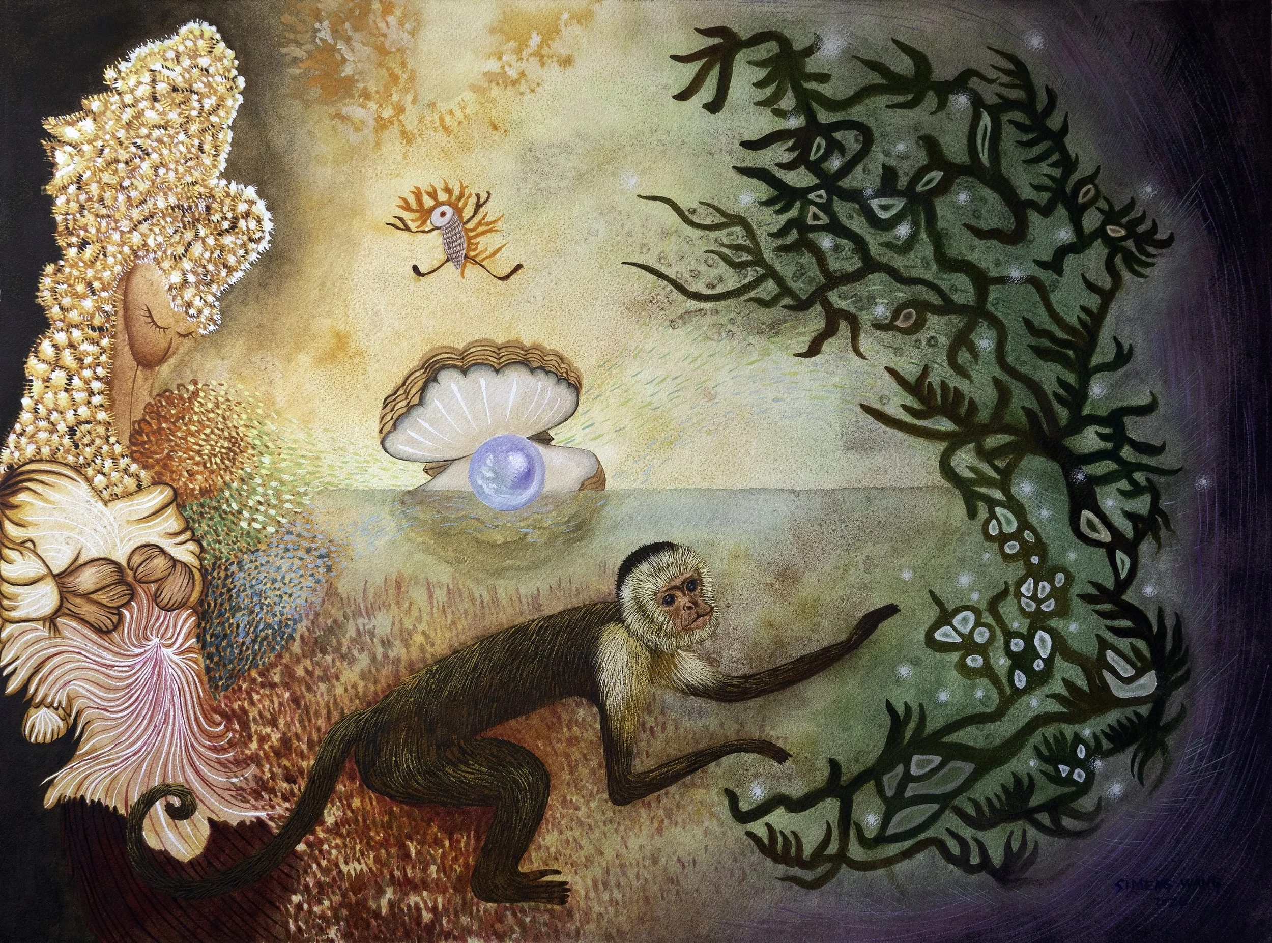 Surreal artwork depicting a large tree with dual appearances, one side as a lush, green leafy tree with an eye in each leaf, and the other side as a complex, textured structure resembling coral or fungi. A small, whimsical creature with a round body, large eye, and fiery orange hair floats in the sky alongside a mushroom with a blue pearl on its cap. A monkey-like animal with a long tail and expressive face is positioned in the foreground.
