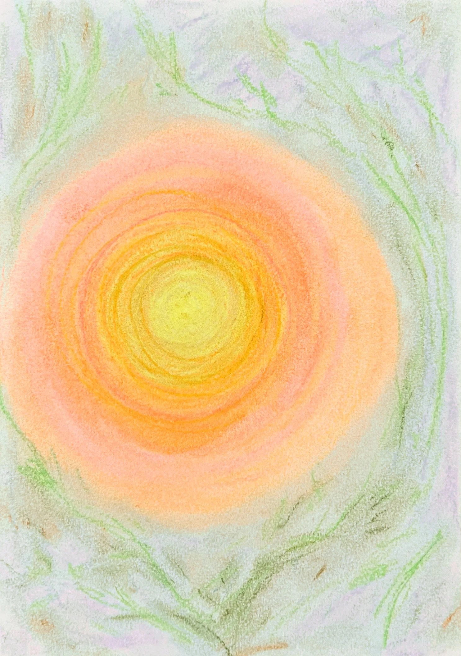 A colorful, abstract painting with a bright yellow center radiating outward into orange and pink hues, surrounded by green and purple accents.