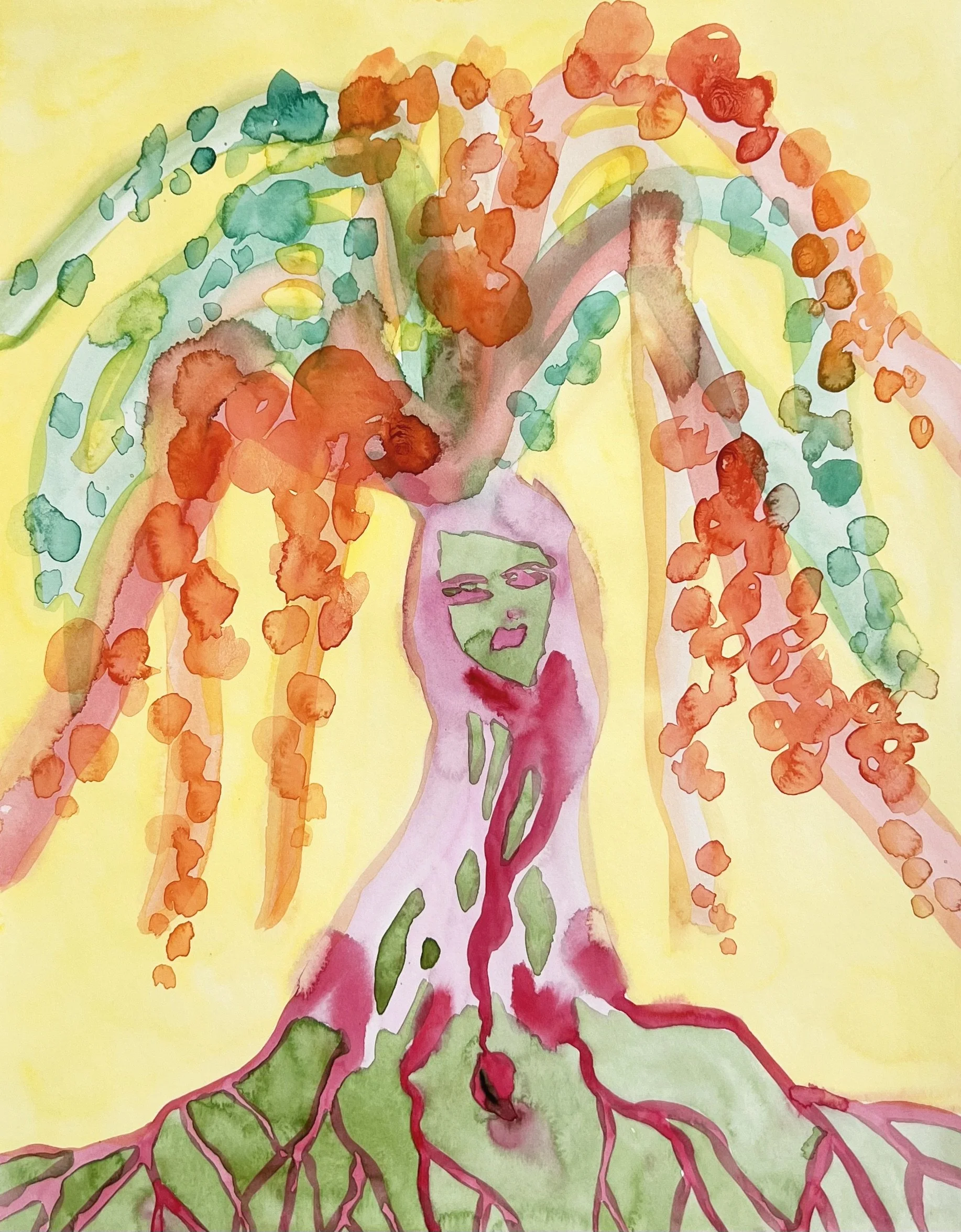 Watercolor painting of a person with hands over head, surrounded by colorful dots and abstract shapes. The person's face and upper body are visible with green and pink hues, set against a yellow background.