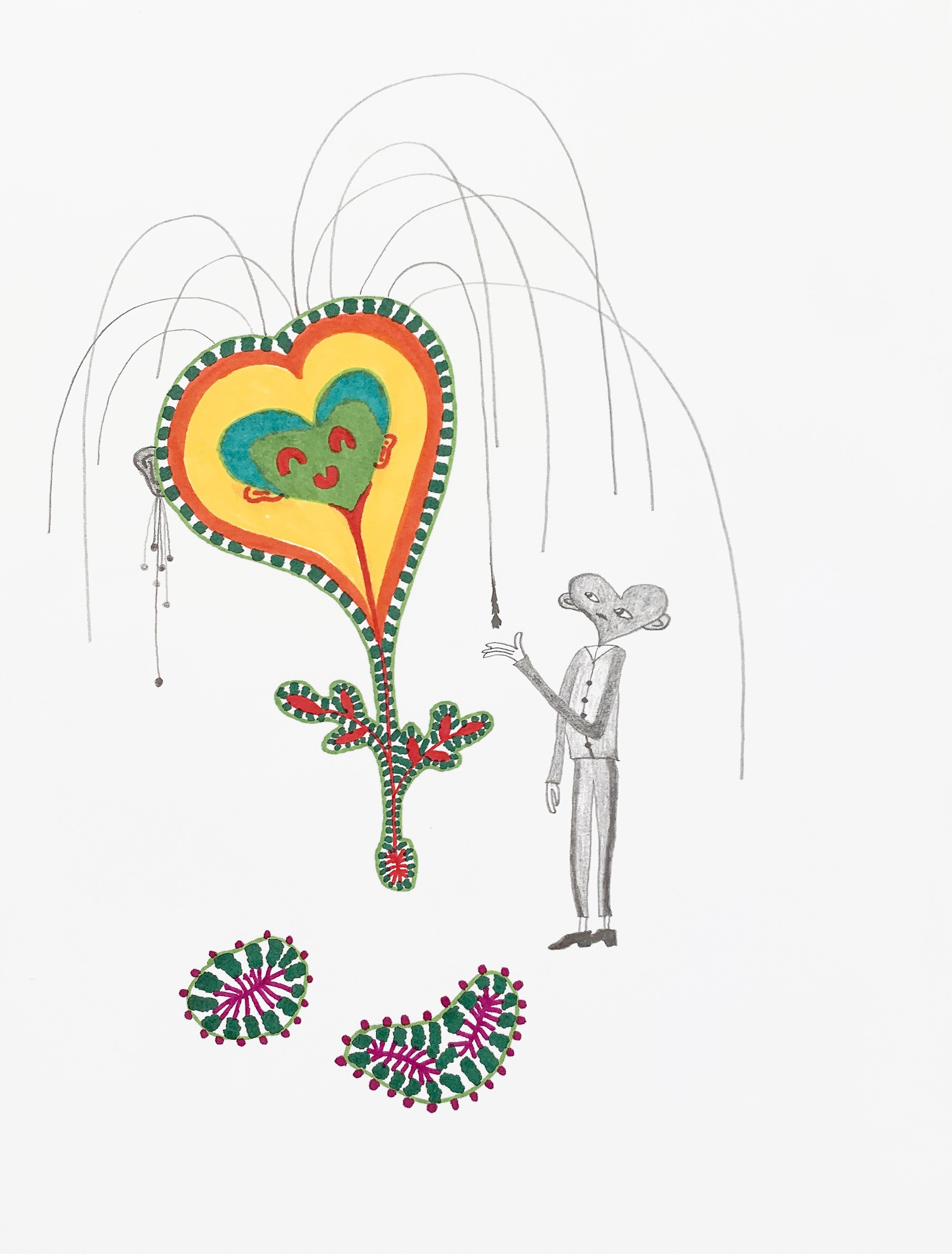 Drawing of a person with mouse-like features holding a large, colorful heart-shaped plant with smiling faces on it, and decorative smaller plants nearby.