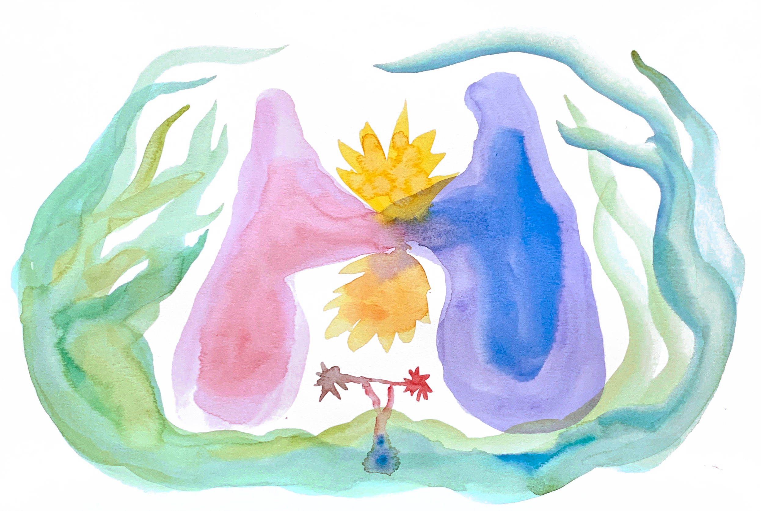 Watercolor painting of two abstract human figures standing facing each other, with colorful figures and leaves surrounding them and a yellow flower between their heads.