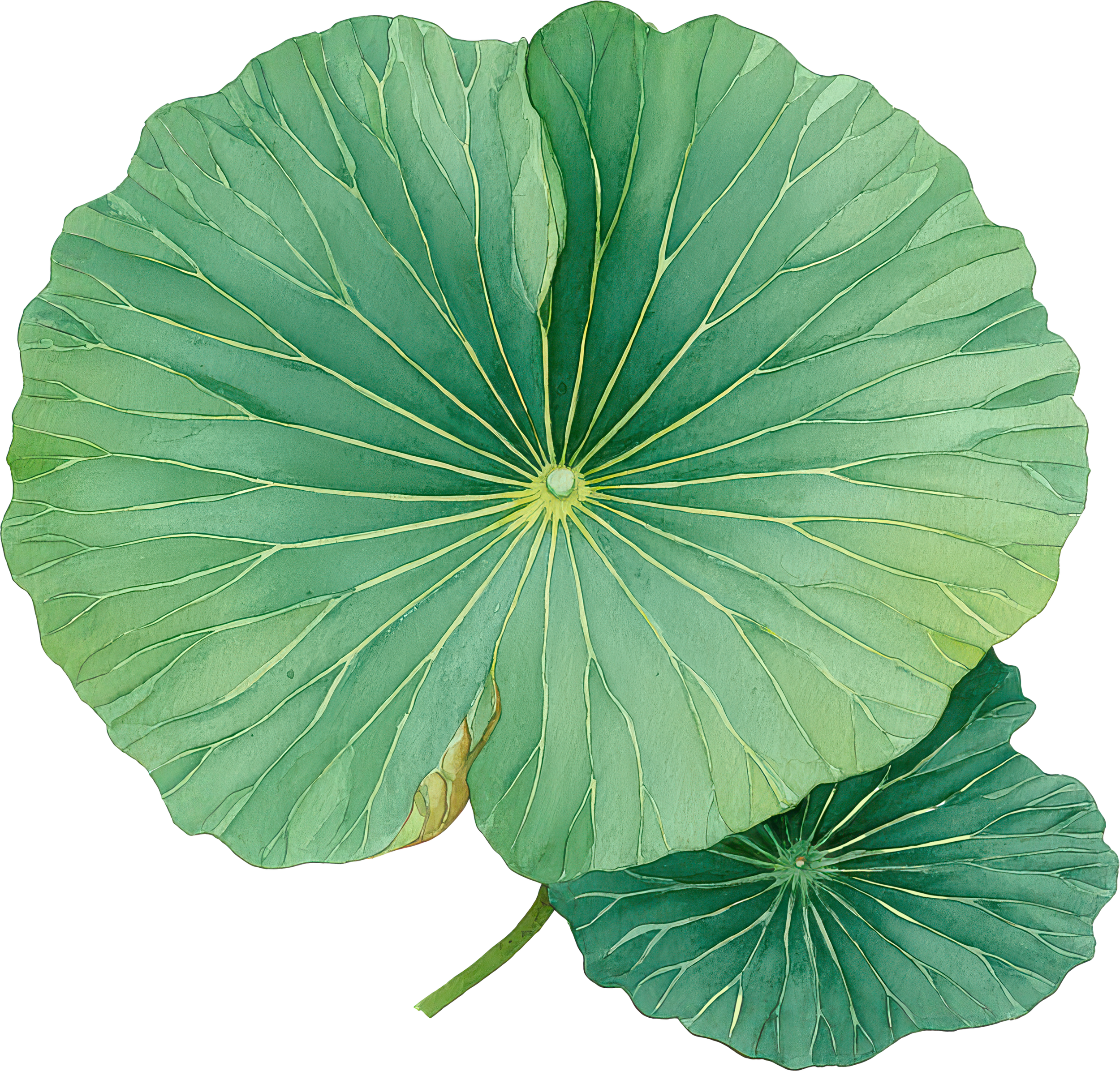 Close-up of a green lotus leaf with visible veins, two overlapping leaves against a black background.