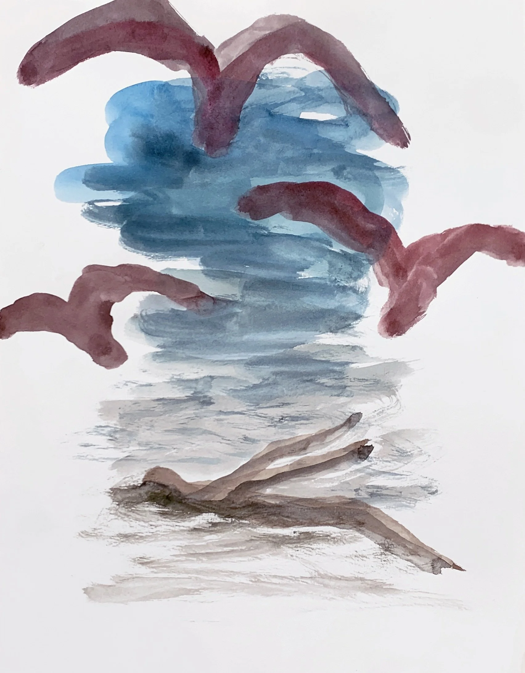 A watercolor painting of a landscape with mountains, a blue sky, and a body of water, using soft earth tones and shades of blue and brown.