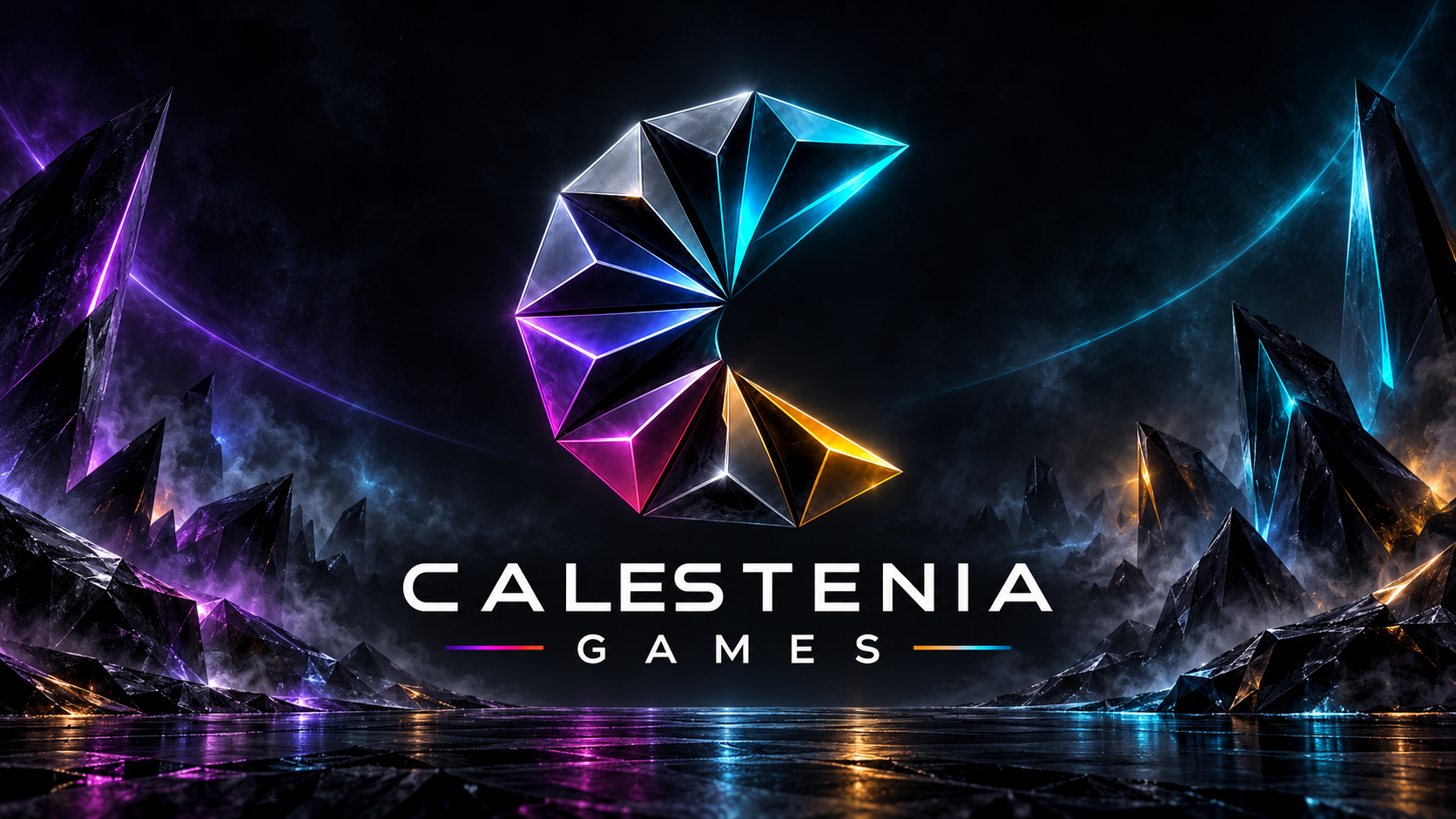 CALESTENIA GAMES — glowing faceted C logo amid cyan, violet, and amber crystals.