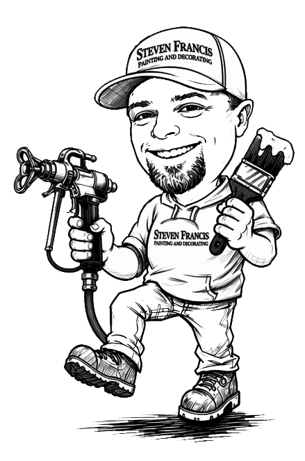 Caricature of a man wearing a cap and hoodie that say "Steven Francis Painting and Decorating," holding a paint spray gun and a paintbrush.
