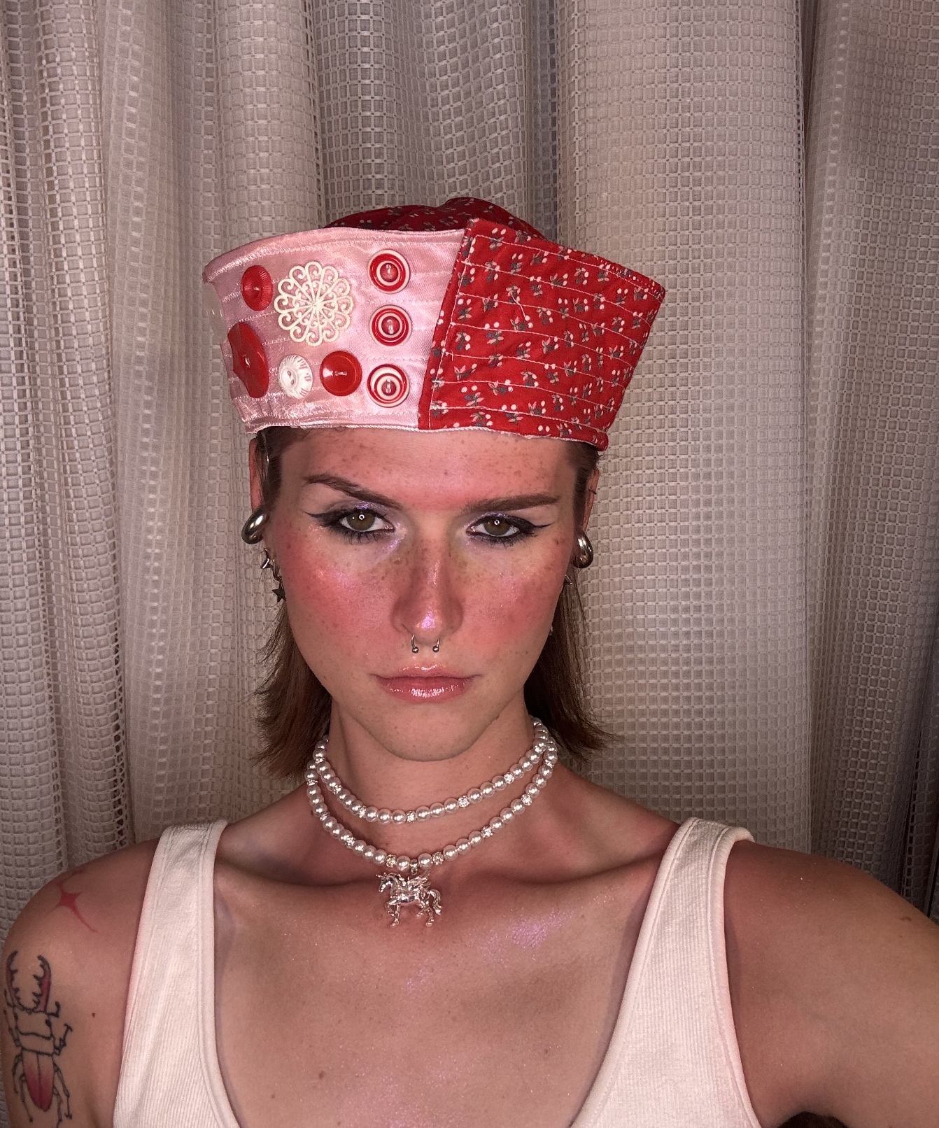 Red Floral & Pink Satin Sailor Hat