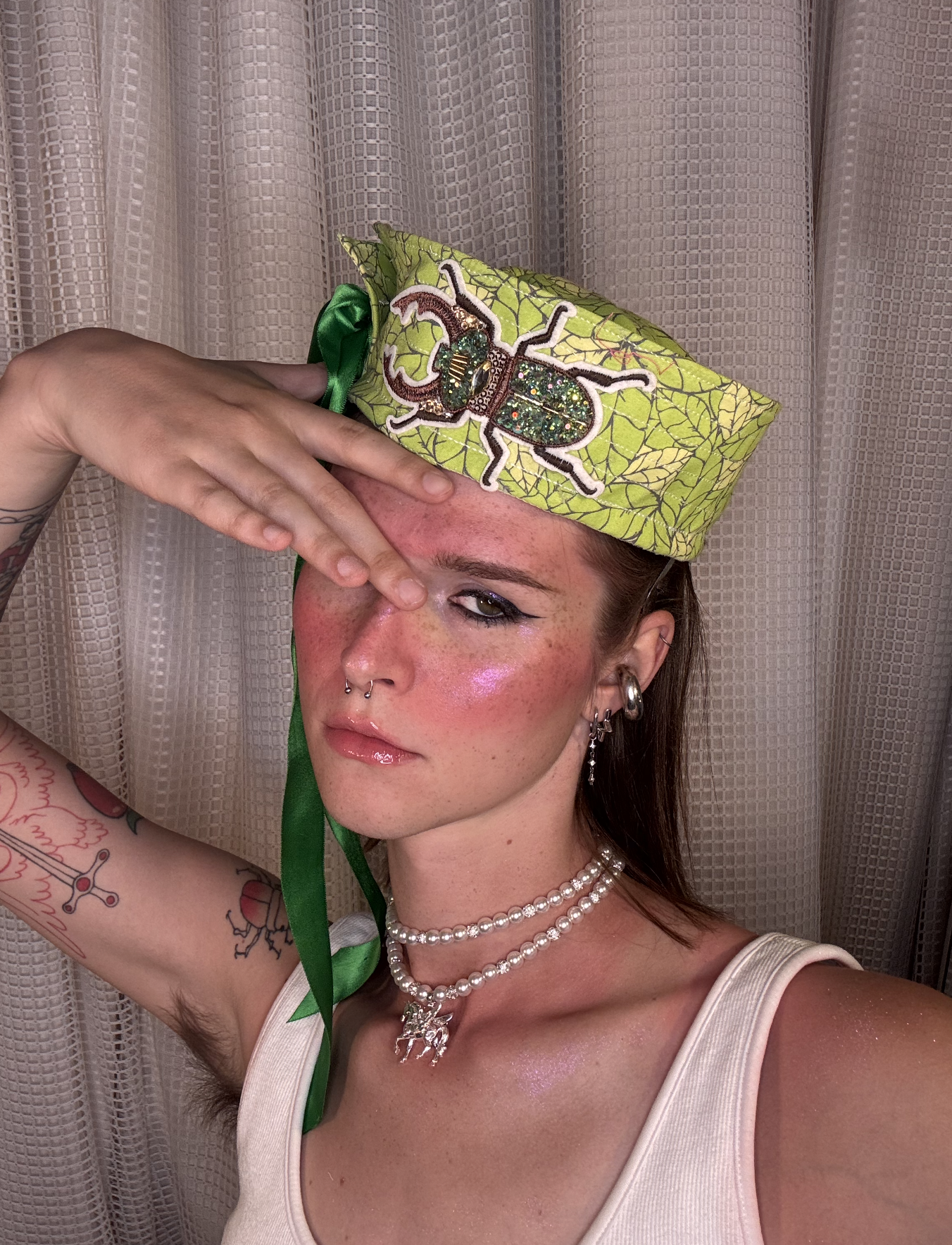 Rhinestone Beetle Leafy Green Sailor Hat