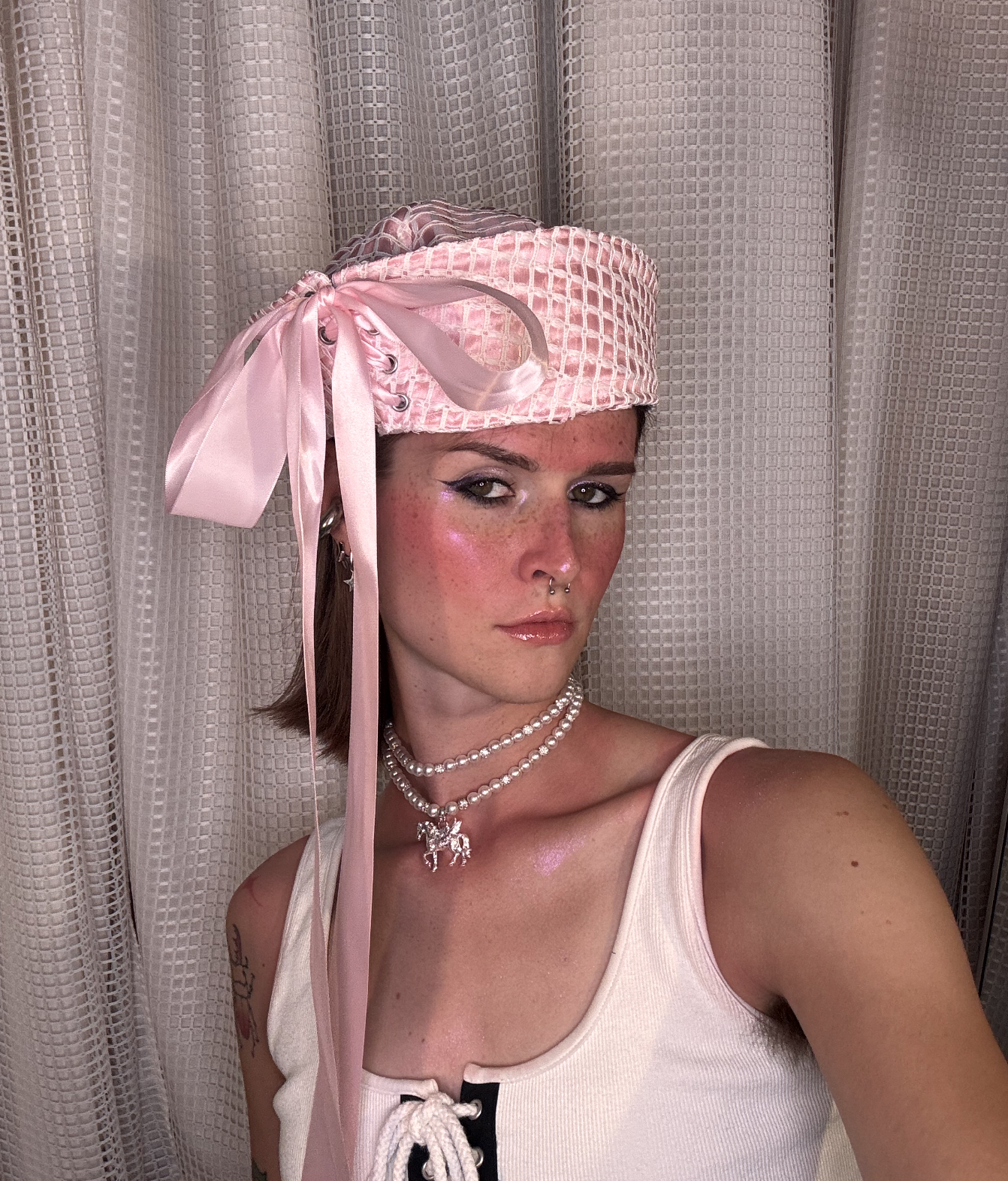 Pink Satin Sailor Hat With Lace-up Bow