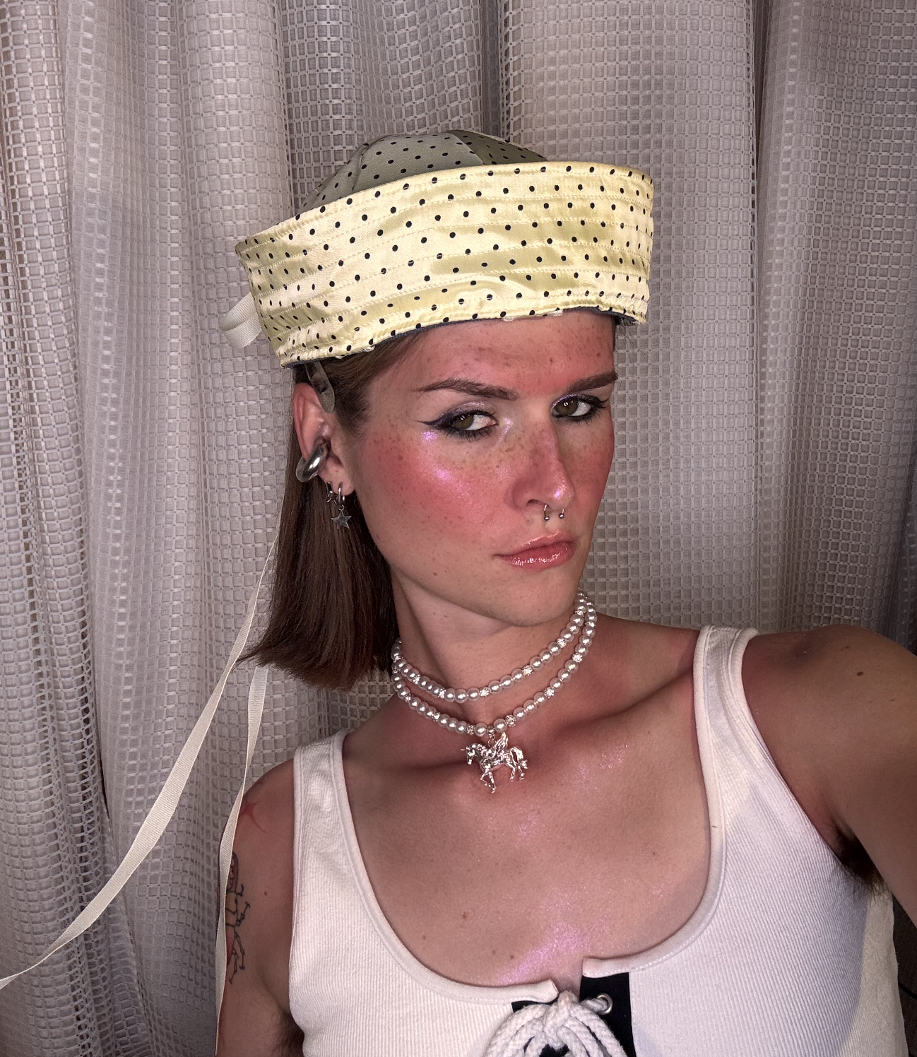 Yellow Polka Dot Satin Sailor Hat with Bow