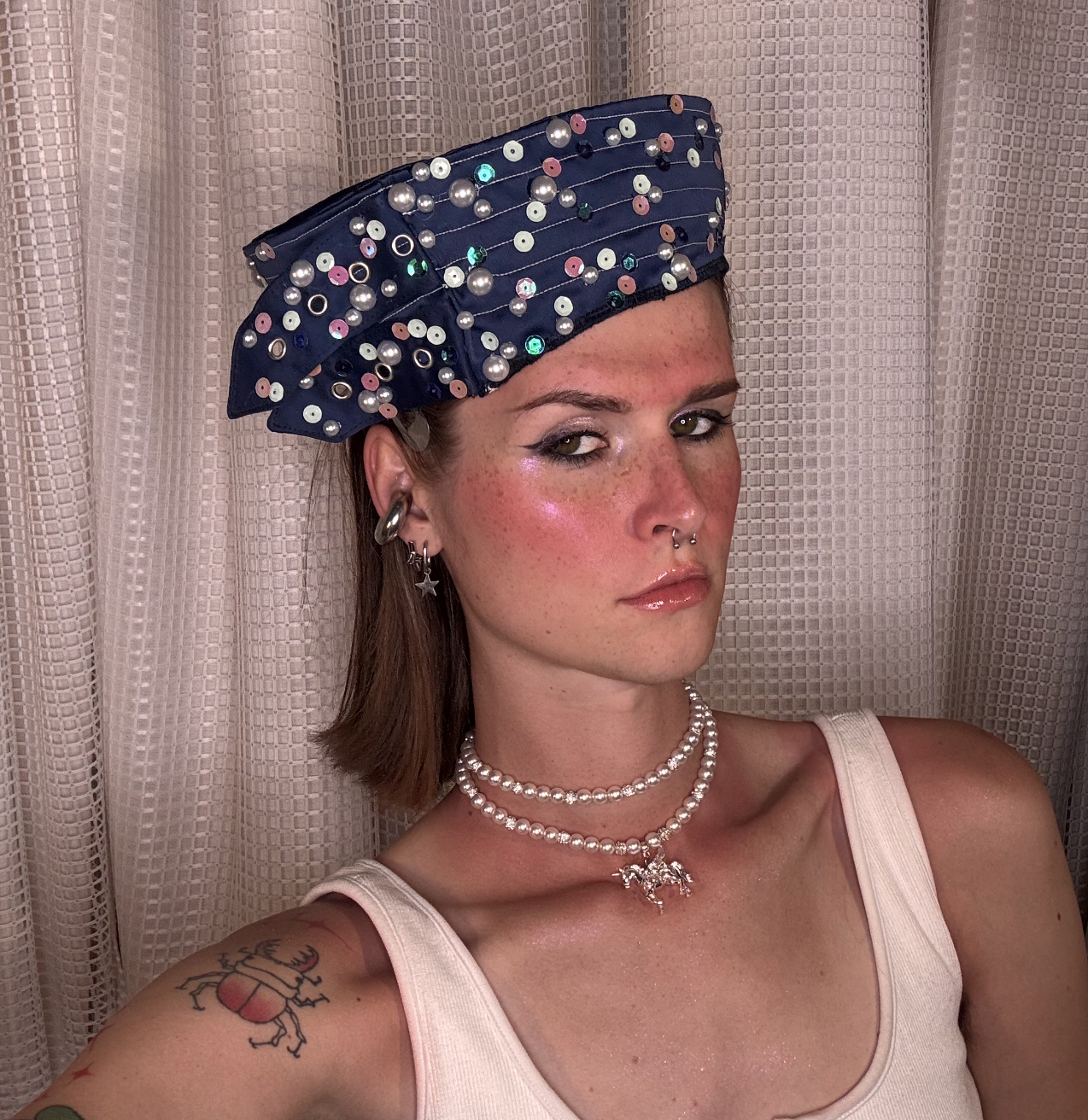 Blue Nautical Sailor Hat with Pearls