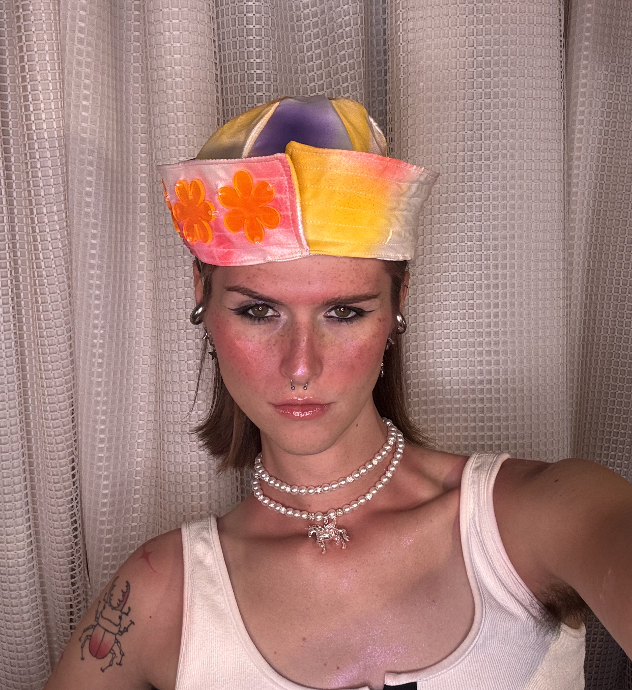 Airbrushed Satin Sailor Hat with Acrylic Flowers