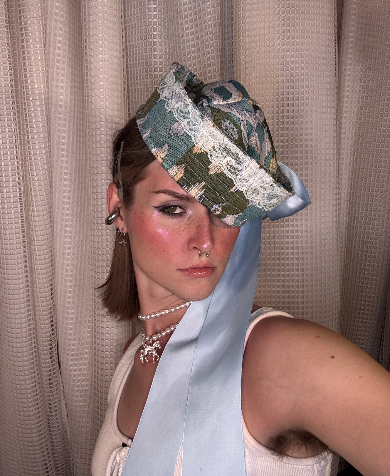 Green Distorted Chevron & Lace Sailor Hat with Bow