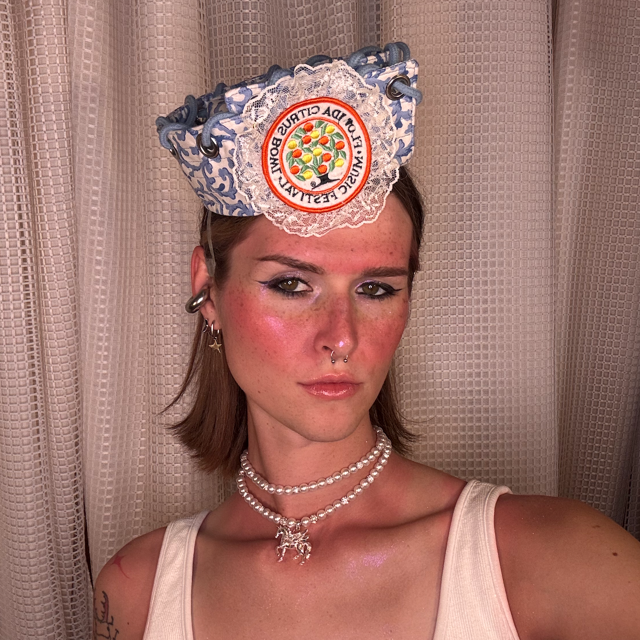 Blue Printed Sailor Hat with Vintage Patch
