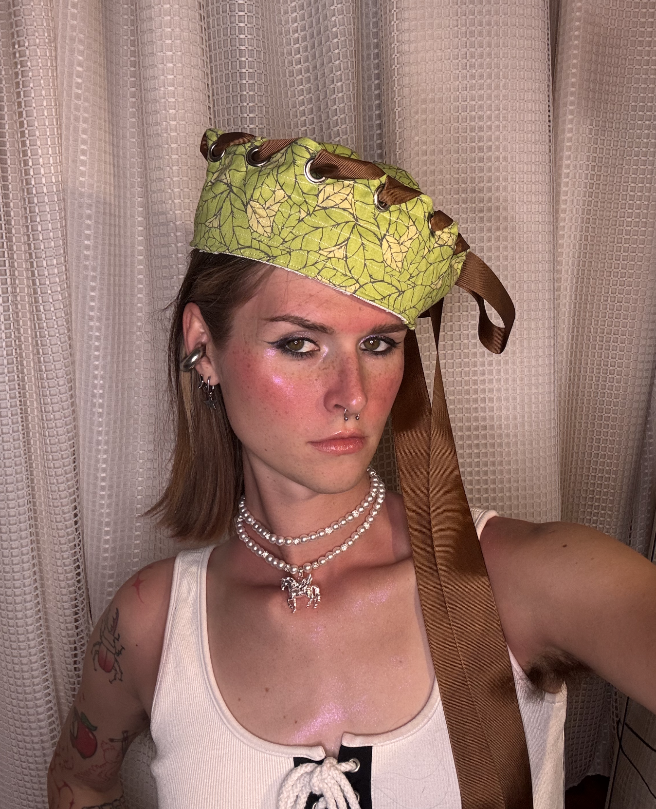 Leafy Green Sailor Hat with Brown Bow