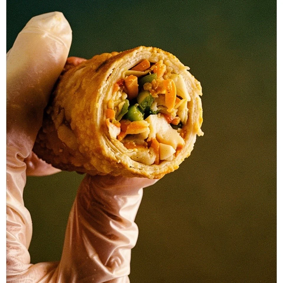 A hand wearing a latex glove holding a spring roll filled with chopped vegetables and possibly chicken against a green background.