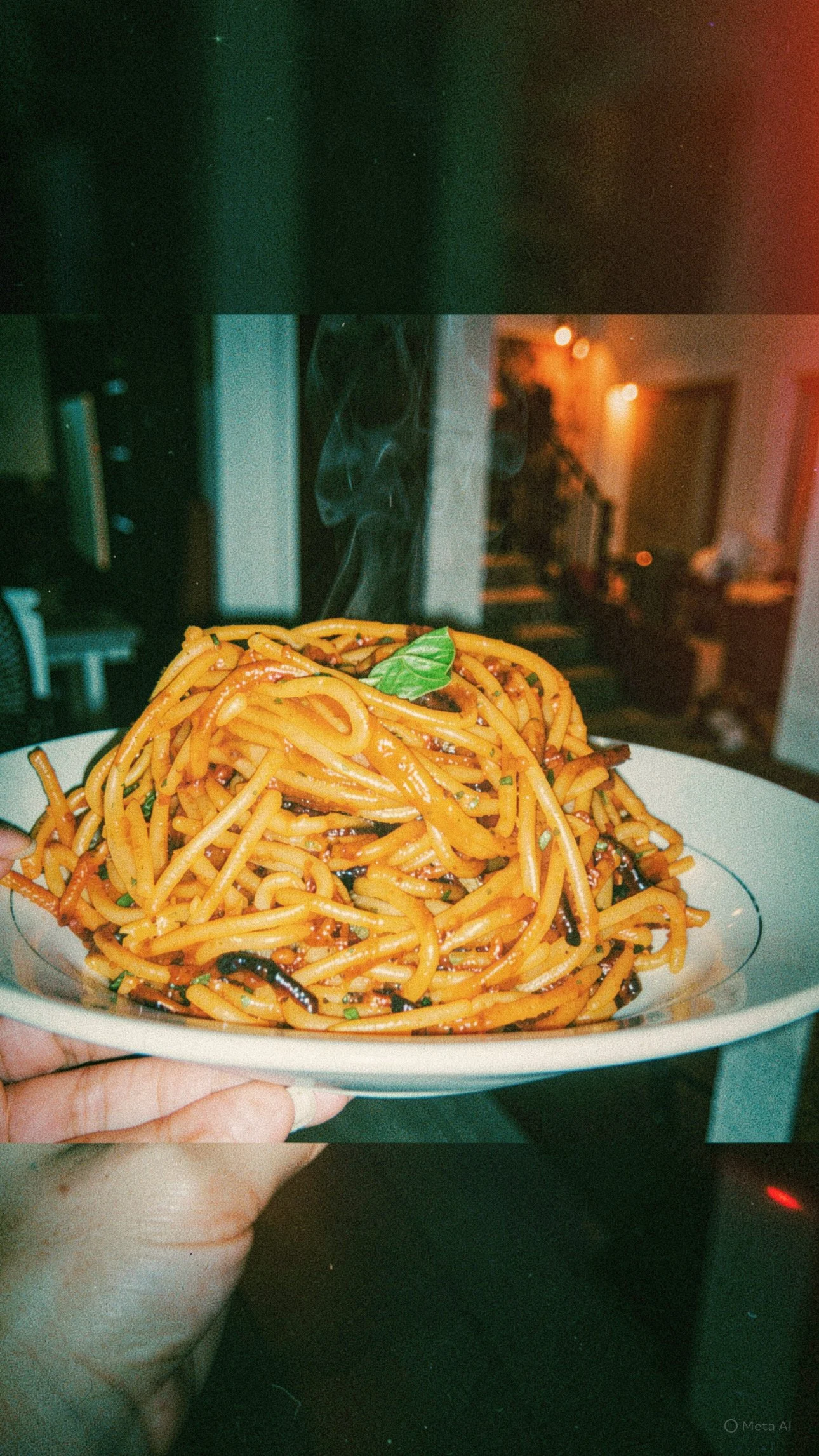 A plate of spaghetti all'assassina garnished with chopped herbs and a basil leaf, held by chef in a cozy, dimly lit dining area.