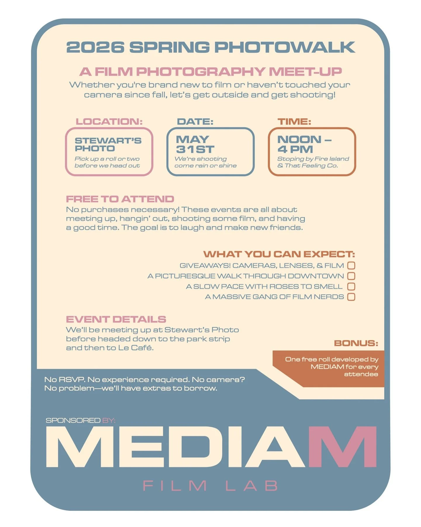 Spring Photowalk!! Sunday, May 31st at Noon! Hosted by @mediamfilmlab @thestoop_prc and @stewartsphoto 

We&rsquo;ll be meeting at Stewart&rsquo;s Photo down on 4th Ave before heading out for a casual stroll through downtown, making our way to the pa
