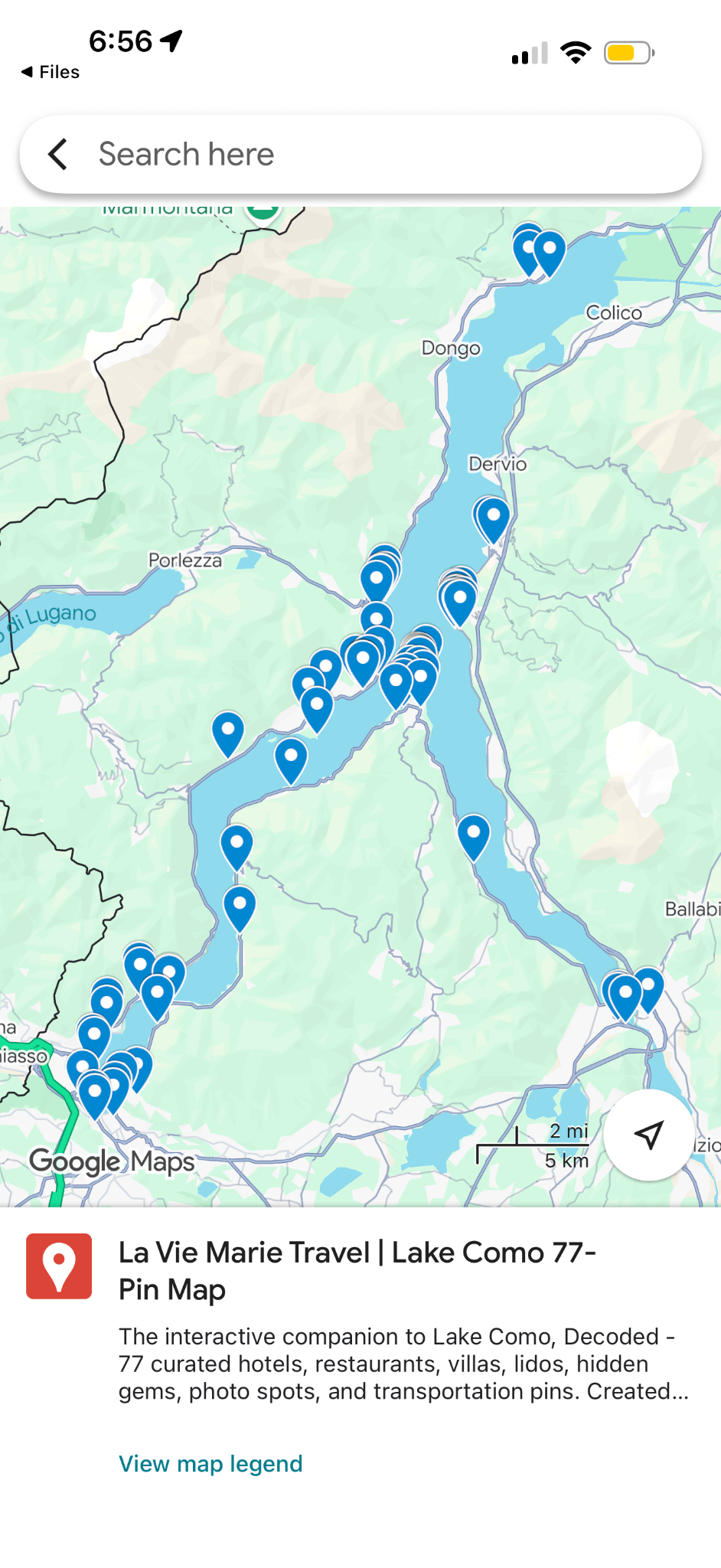 Preview of the La Vie Marie Travel Lake Como map with curated location pins.