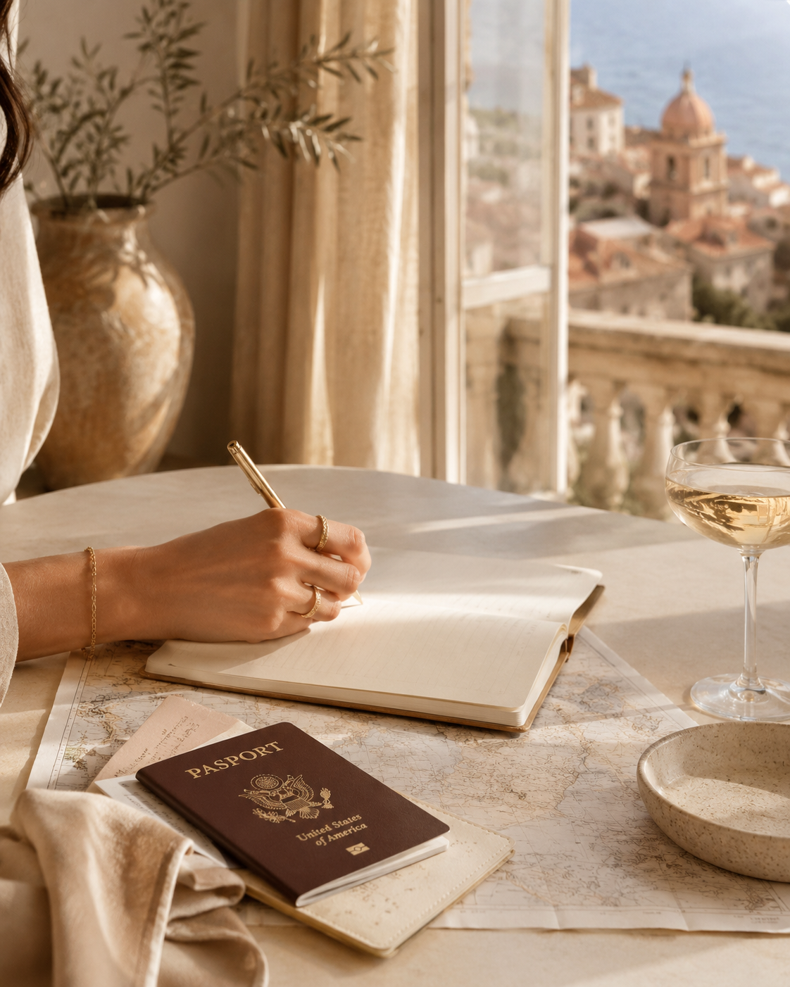 A person writing in a notebook on a table with a U.S. passport, a map, and a glass of white wine, with a scenic view of a European coastal city and the sea outside the window.