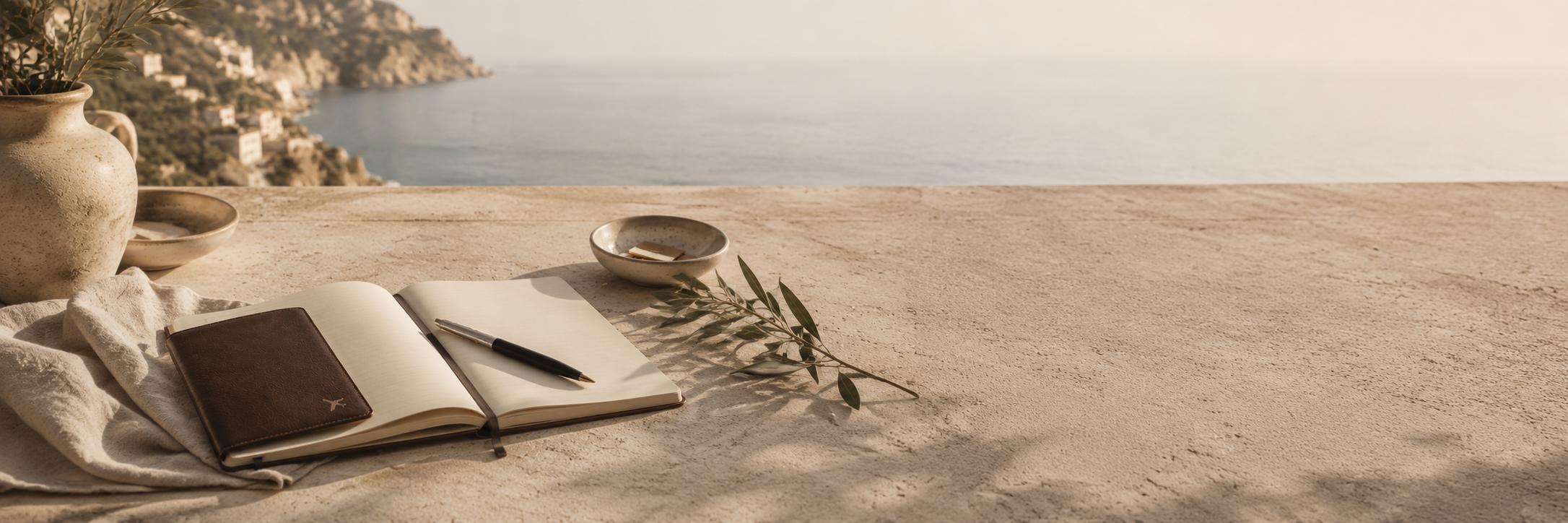 A flat stone surface with an open blank notebook, a black pen, a brown leather journal, a branch with green leaves, an empty small round bowl, and a large ceramic vase with greenery, overlooking the sea and distant cliffs at sunset.