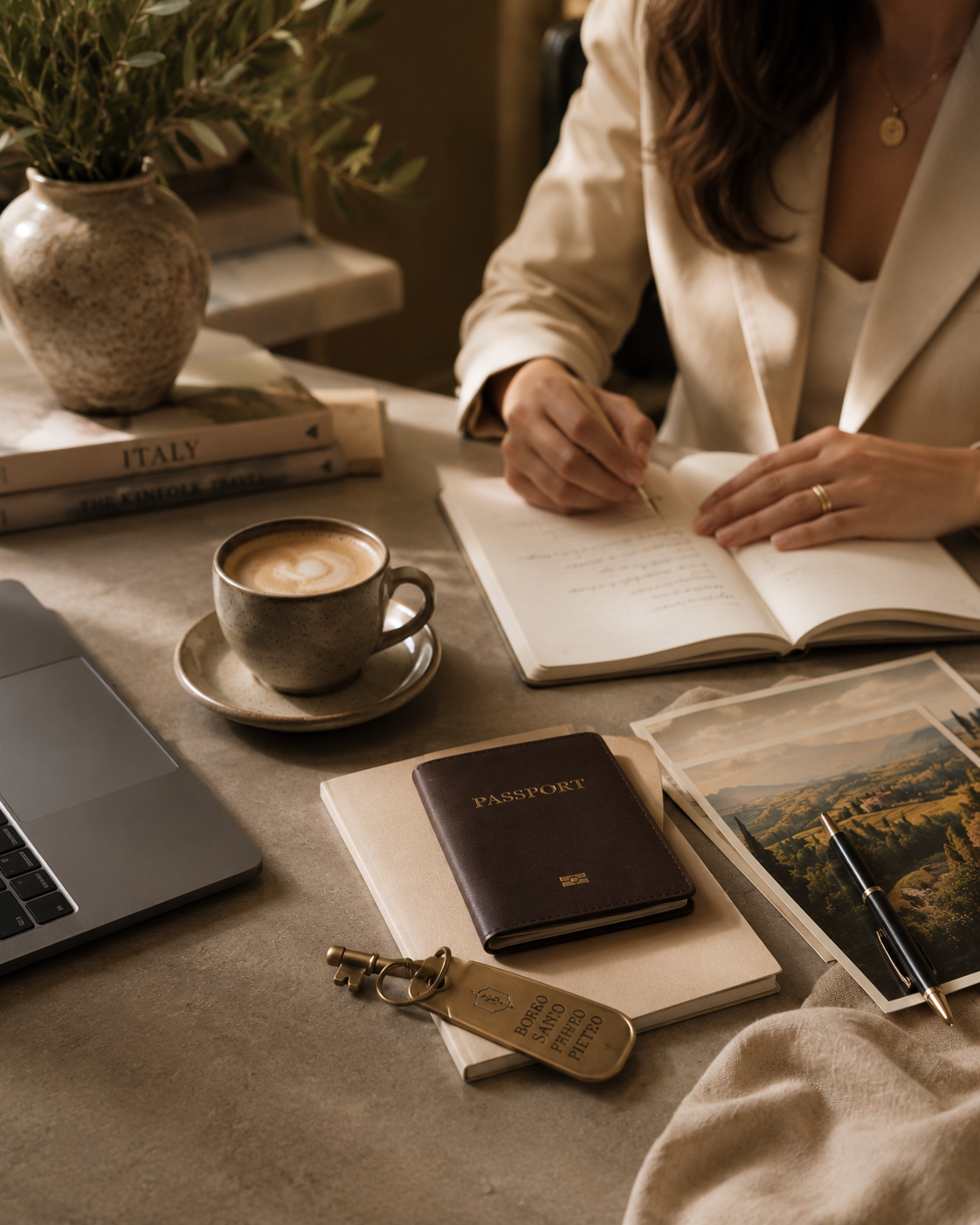 A person in a beige blazer writing in an open notebook on a desk. The desk has a ceramic cup of coffee, a laptop, a brown passport holder, a notebook, a set of photographs, a pen, and a keychain. There are books and a potted plant in the background.