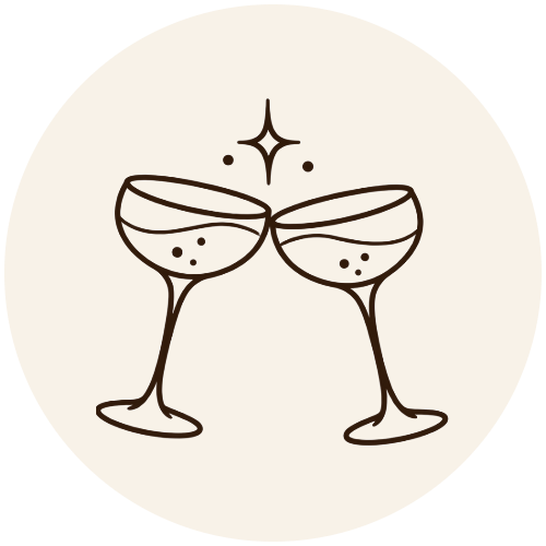 Line drawing of two champagne glasses clinking with a sparkle above them.