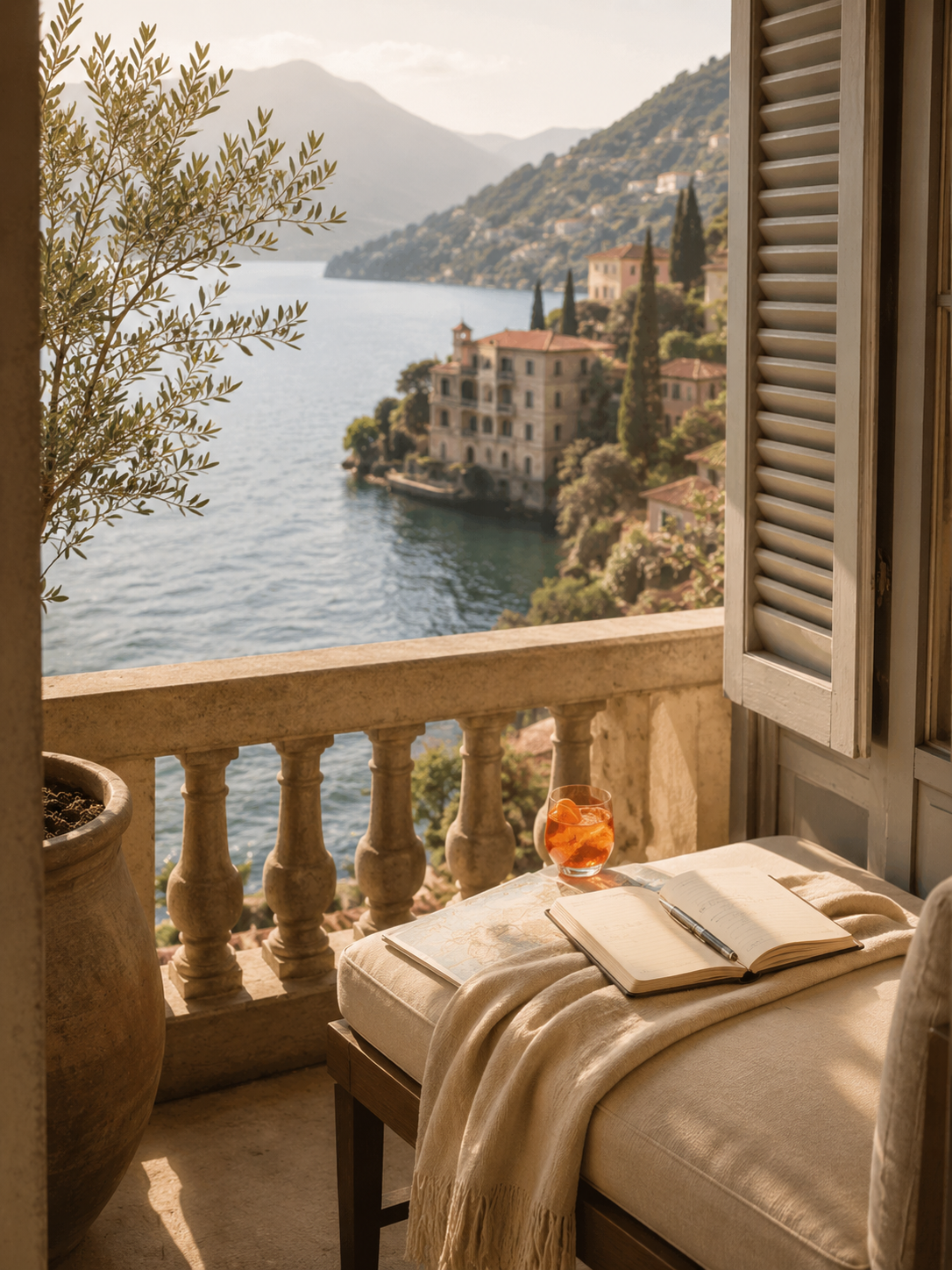 A balcony overlooking a lake with a scenic hillside and buildings. There is an open book, a drink with ice, and a blanket on a cushioned lounge chair.
