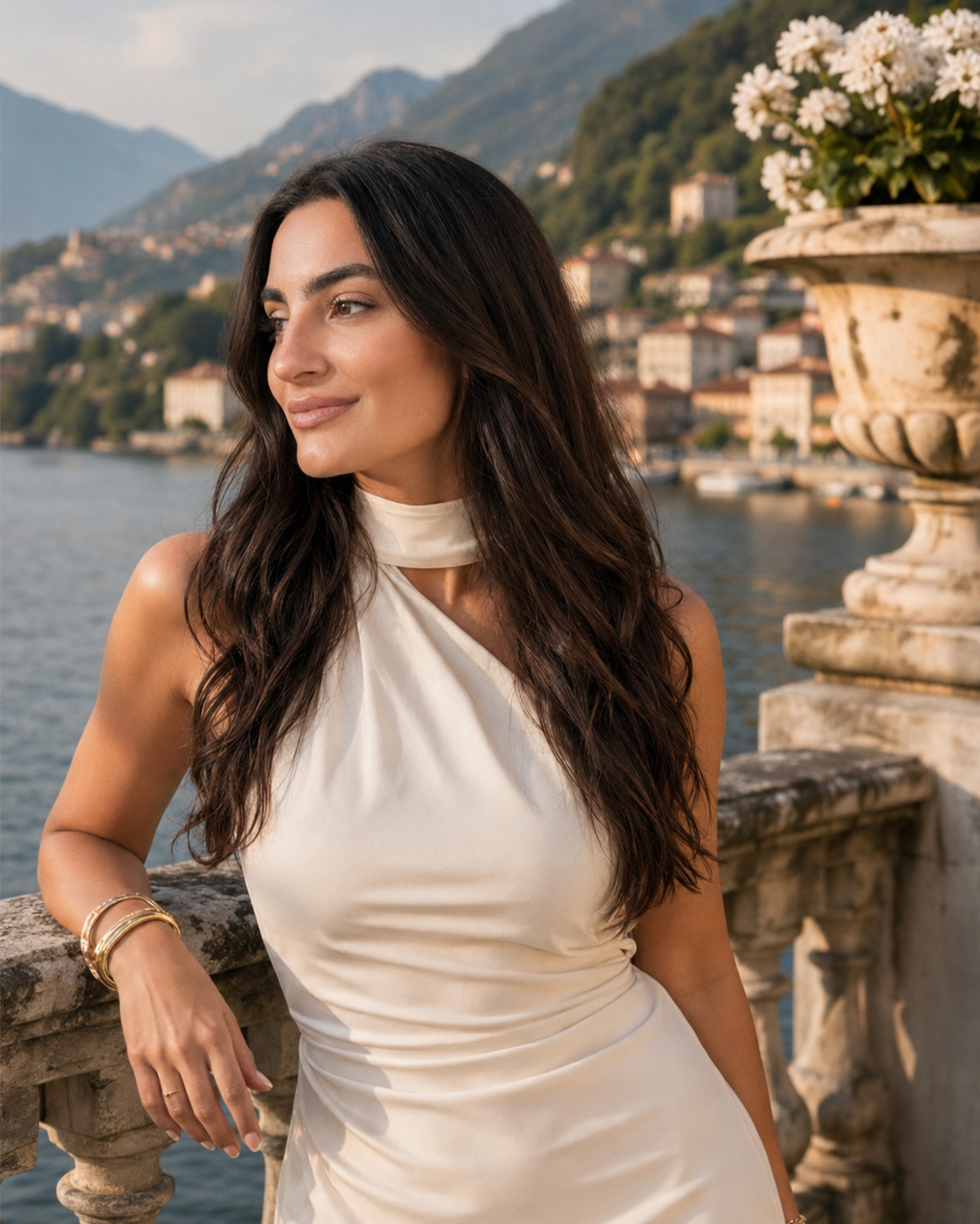 A woman with long dark hair wearing a cream-colored dress, standing by a stone railing with a scenic lake, mountains, and buildings in the background.