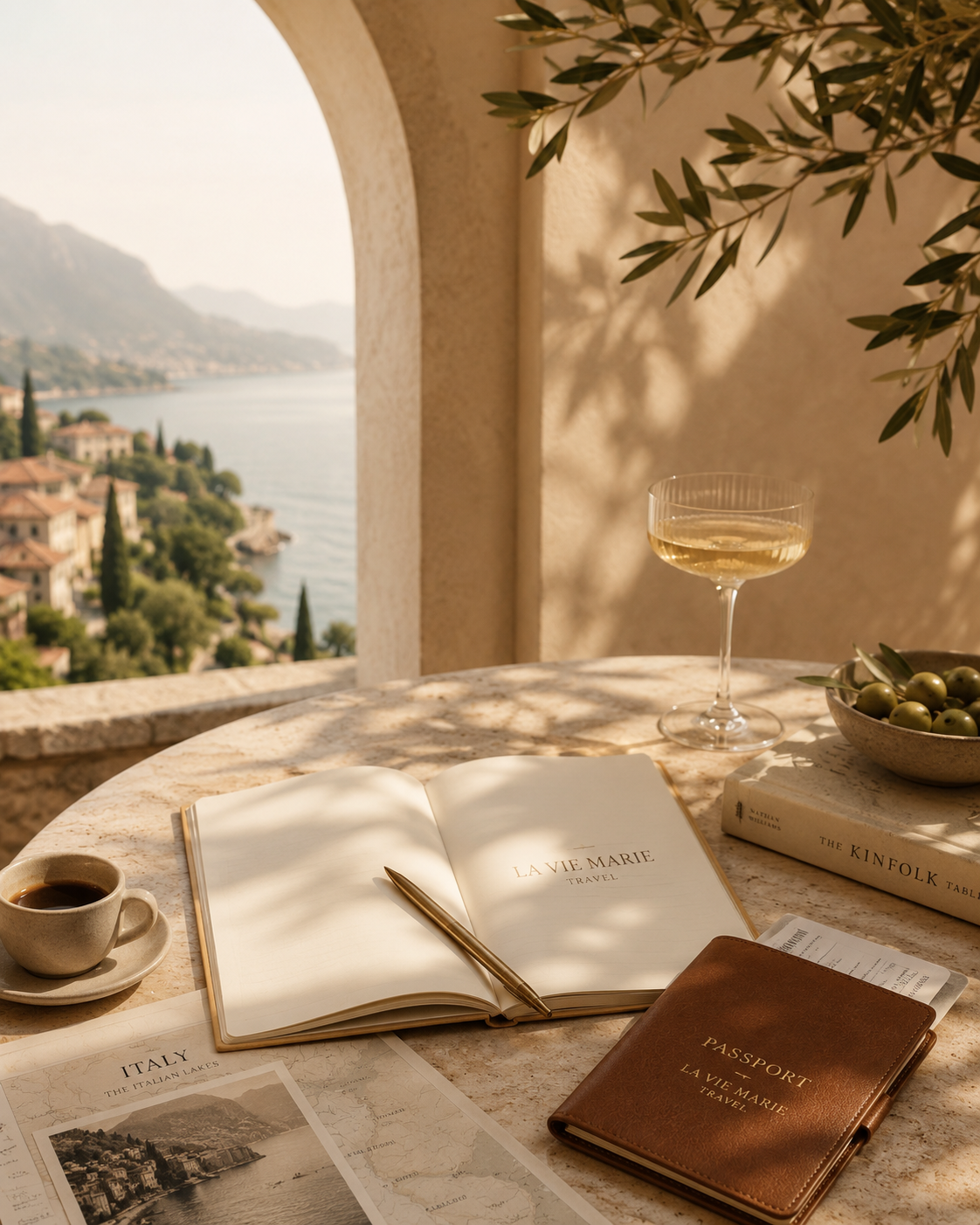 A table with a travel journal, a passport, a cup of coffee, a glass of white wine, a bowl of green olives, and a map, set against a scenic lakeside view through an arched window with sunlight and shadows from a nearby tree.