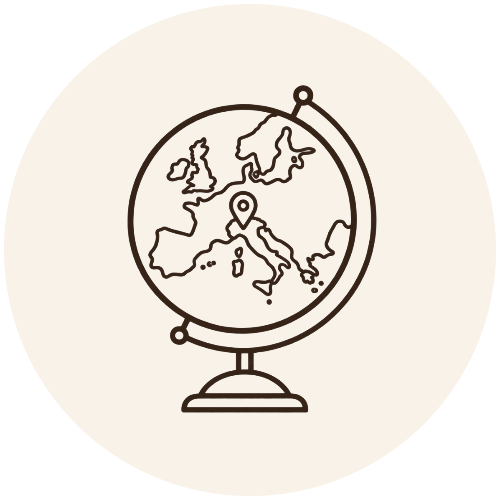 Line drawing of a globe showing Europe and surrounding areas, with a location pin on Italy, mounted on a stand.